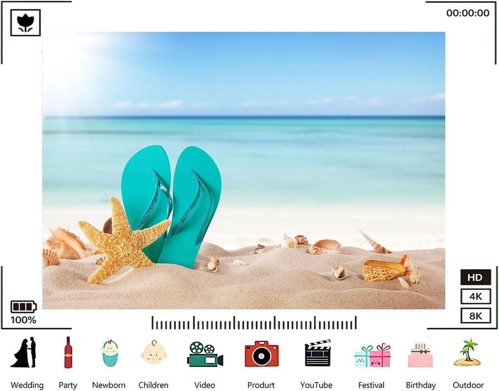 Trykid 20x10ft Turquoise Flip Flops Backdrop Starfish Seashells Tropical Sand Clear Blue Ocean Photography Background Summer Vacation Event Decor Party Decoration Photo Booth Prop Fabric
