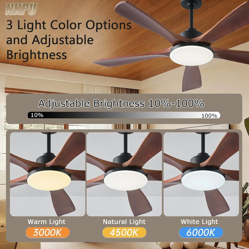 NKPU Ceiling Fans with Lights and Remote Control, 5 Solid Wood Blades, 3CCT Dimmable, Quiet DC Motor, 56 Inch Modern Outdoor Ceiling Fans for Bedroom Farmhouse Patios