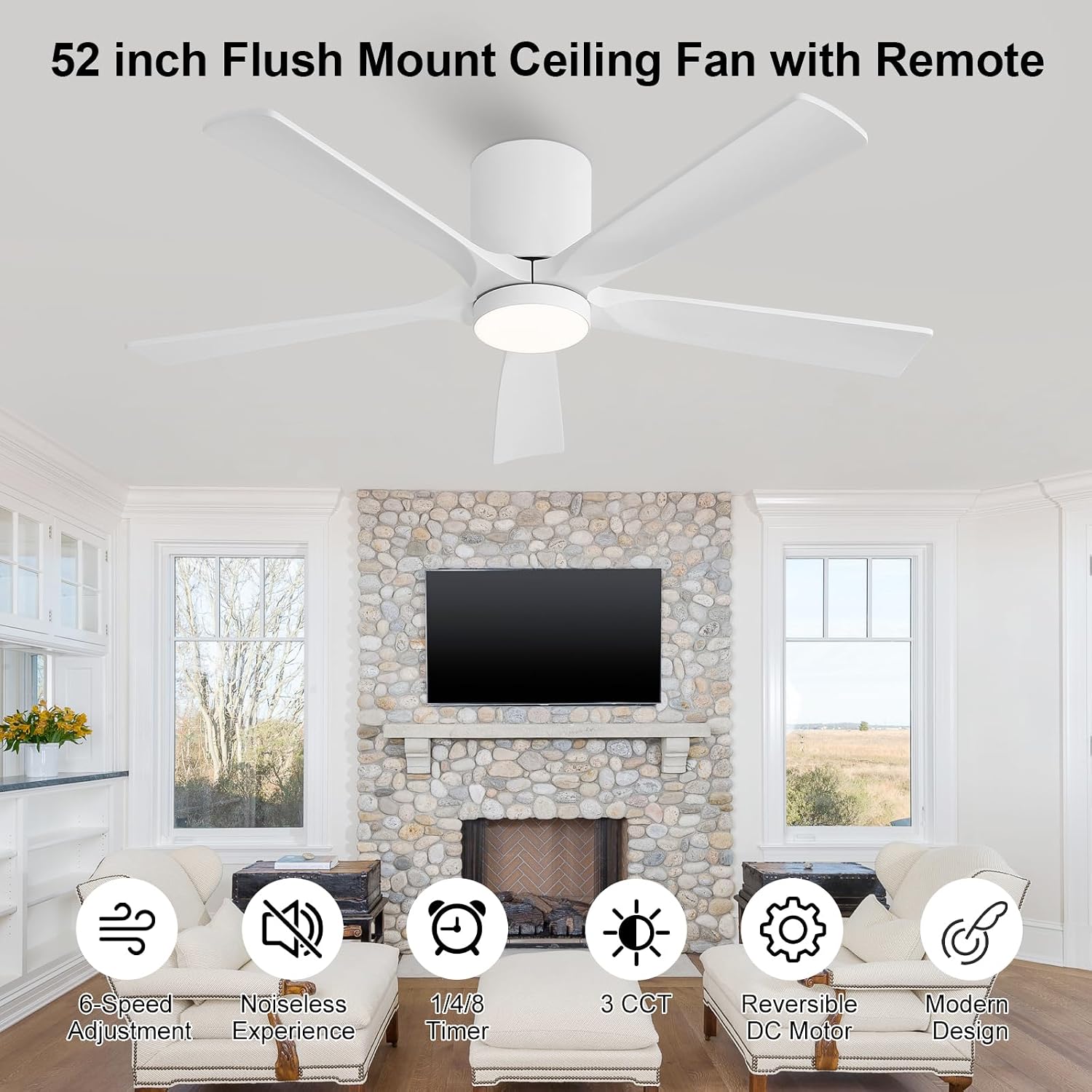 ELEHINSER 52 Inch Flush Mount Ceiling Fan with Lights, Low Profile Modern Ceiling Fan with Remote, Quiet DC Motor, 6-Speed, 3CCT,Timer, 5 Solid Wood Blades, White