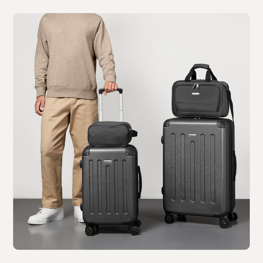 Amazon Basics 4-Piece Luggage Set, Hardside Suitcases with Spinner Wheels (22' Carry On & 28' Checked), Tote Bag & Travel Bag, Black