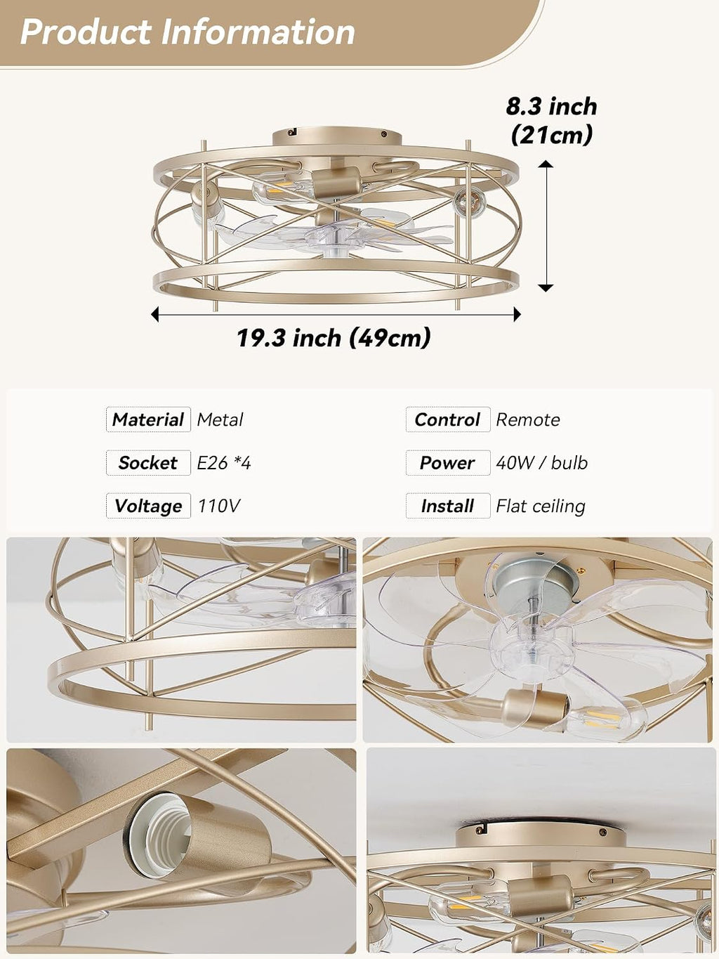 20' Gold Flush Mount Ceiling Fans with Lights, Gold Caged Ceiling Fans with Light and Remote, Bladeless Ceiling Fan with 6 Speeds for Bedroom, Living Room, Nursery