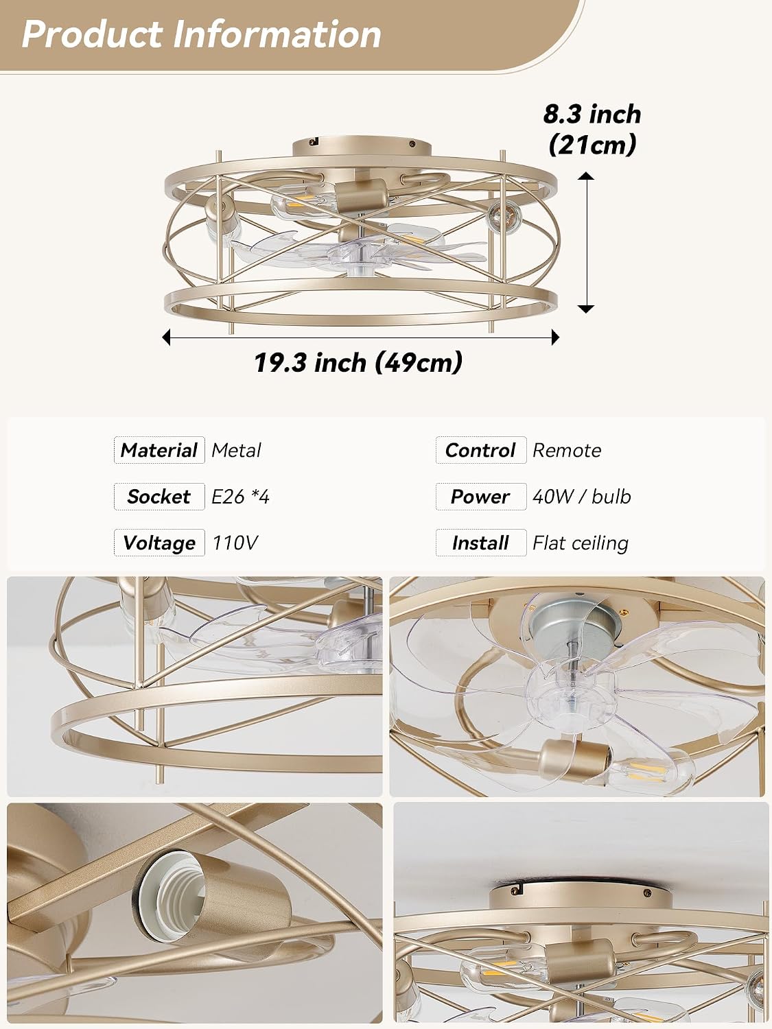 20' Gold Flush Mount Ceiling Fans with Lights, Gold Caged Ceiling Fans with Light and Remote, Bladeless Ceiling Fan with 6 Speeds for Bedroom, Living Room, Nursery