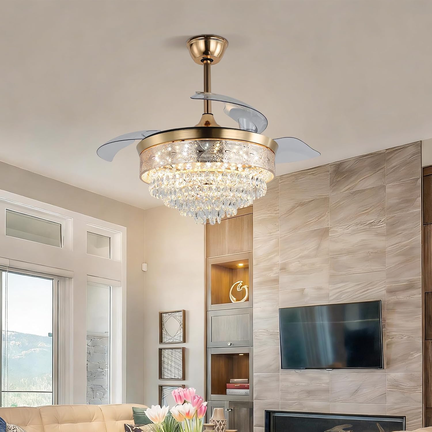 42' Gold Crystal Fandelier Ceiling Fan with Lights, Retractable Blades, Remote Dimmable LED, 3 CCT Color Temp, Memory, Reversible DC Motor, 6 Speed, Timer, Indoor Bedroom Living Room