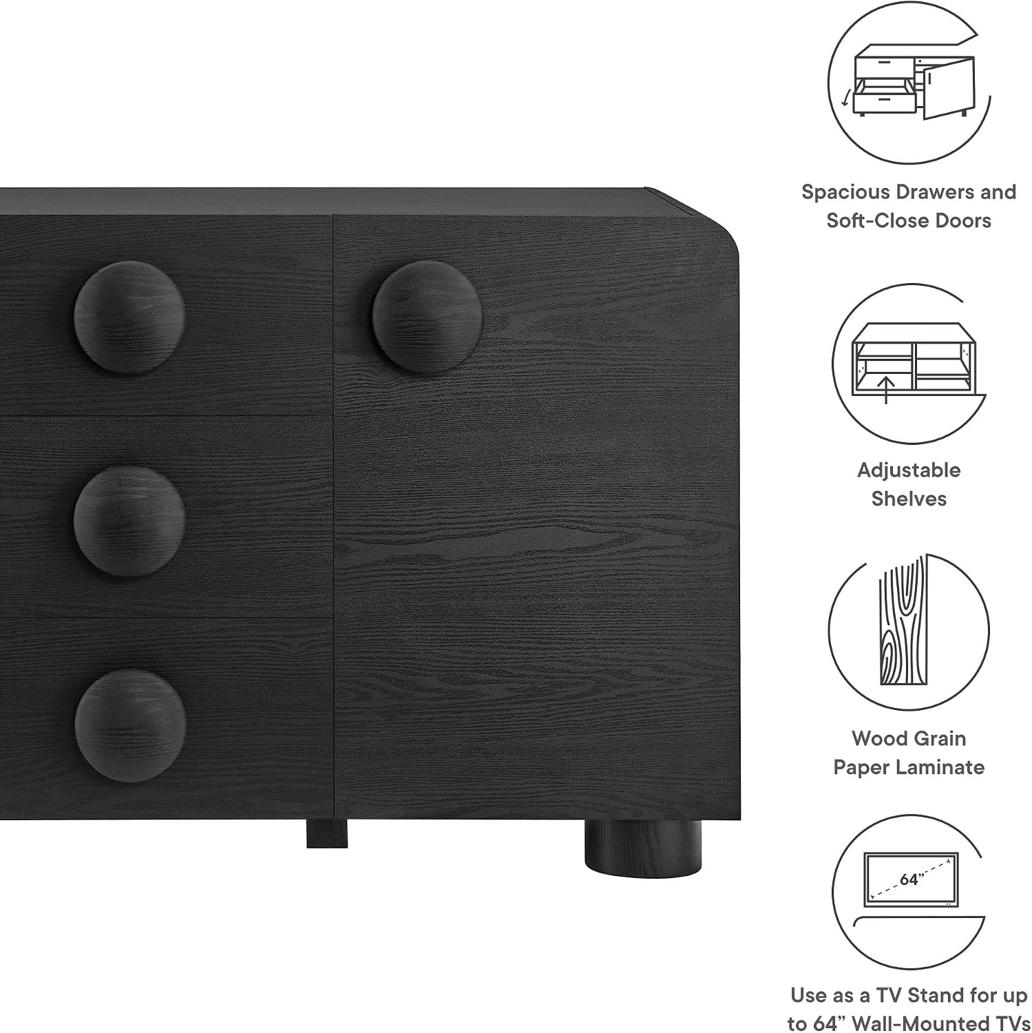 Modway Sonnet Retro Curved Sideboard in Black – 57 Inch Modern Buffet Cabinet with Circle Knobs – Credenza Cabinet with 3 Drawers – TV Stand Media Cabinet for Living Room, Home Office, Lounge Area