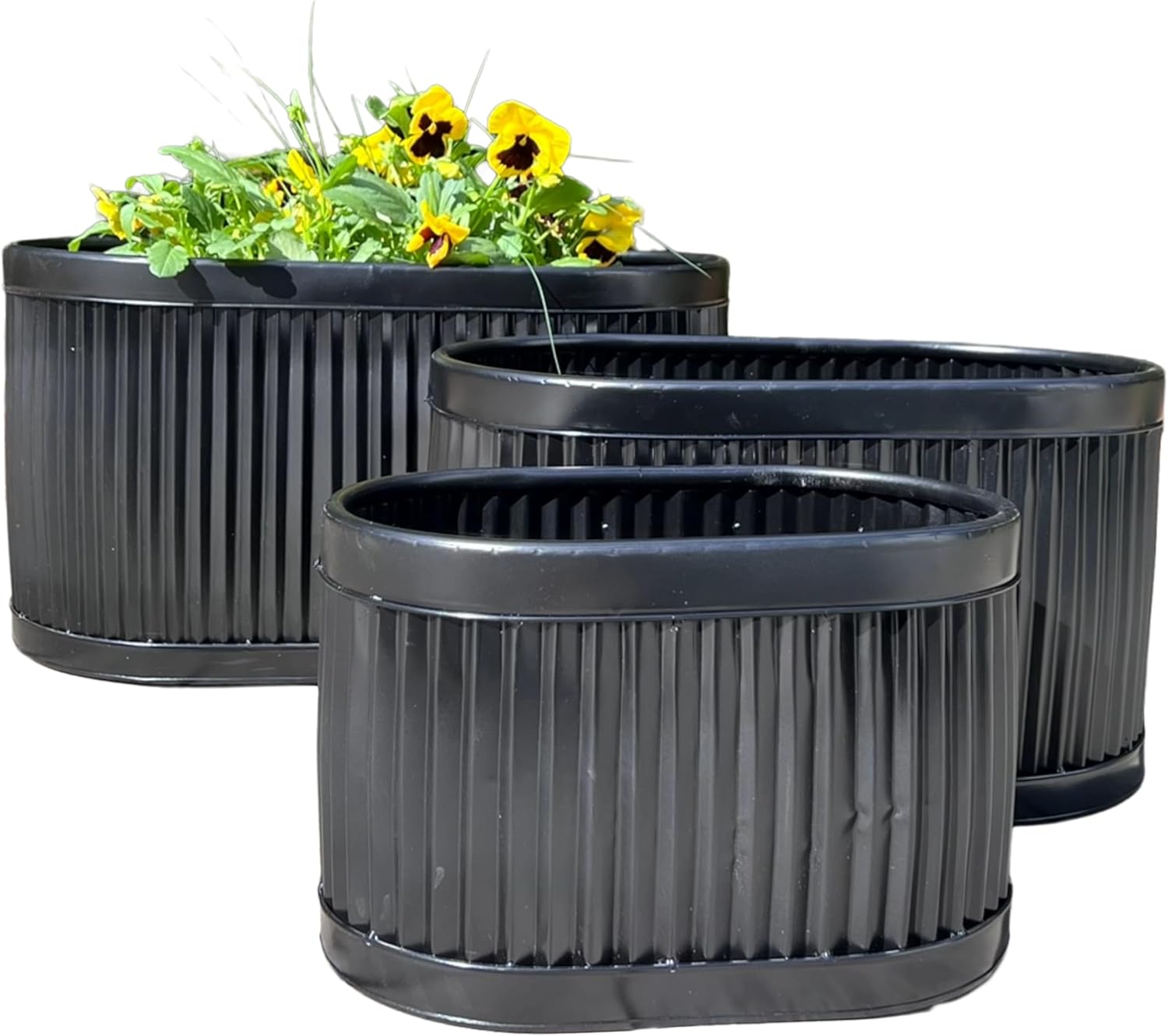 WHW Whole House Worlds French Country Style Oval Planters, Set of 3, Glossy Black, Galvanized Metal, Chubby Belly, Corrugated Cache Pots, Rustic, Over 2 FT, 24.5, 20 and 14.5 Inches