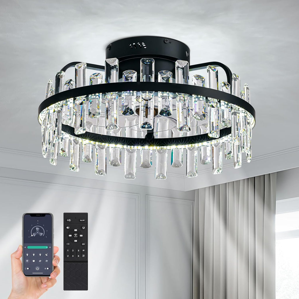 20' Crystal Ceiling Fans with Lights Remote Control Dimmable 6 Speeds Reverible Timer Black Fandelier for Bedroom Dining Room Living Room
