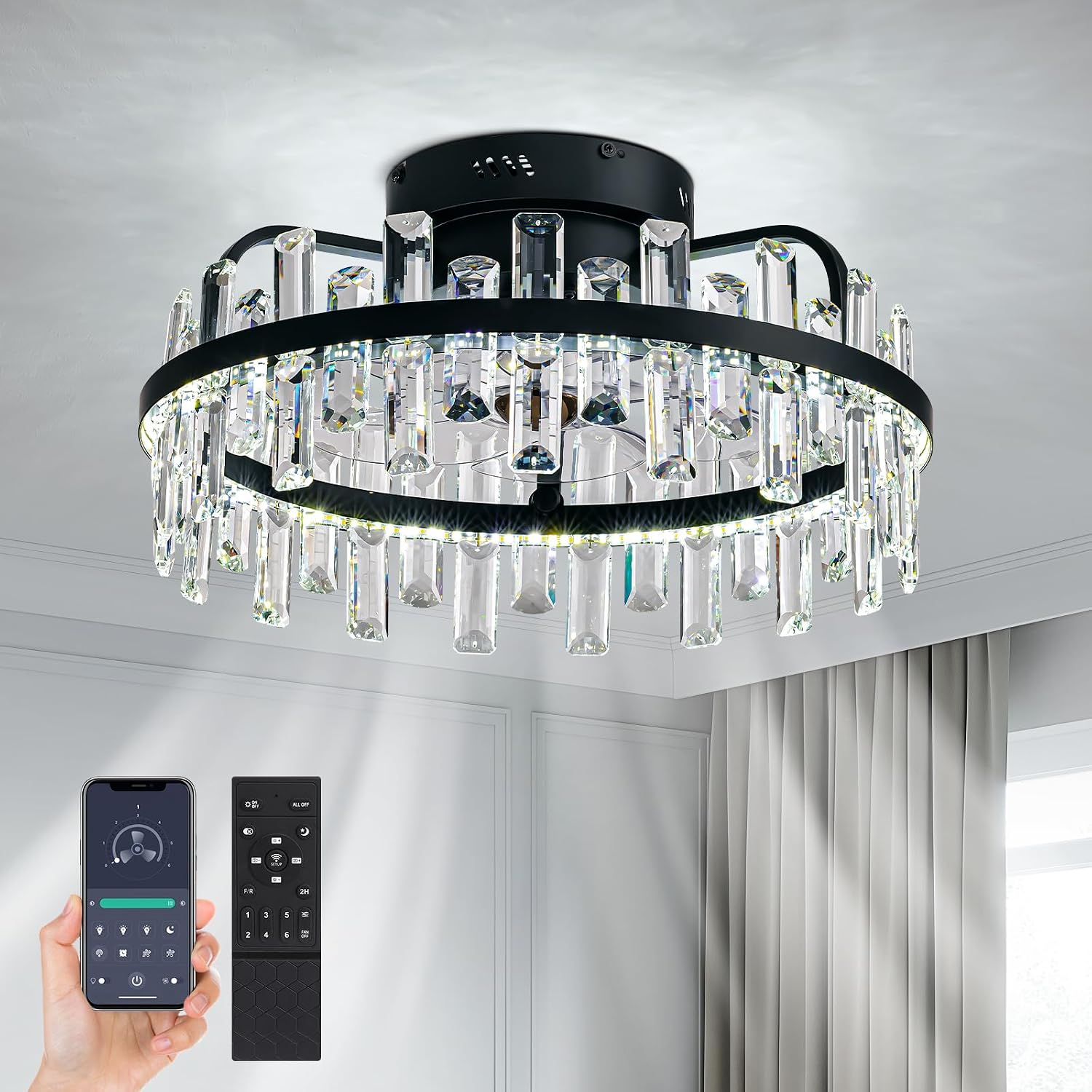 20' Crystal Ceiling Fans with Lights Remote Control Dimmable 6 Speeds Reverible Timer Black Fandelier for Bedroom Dining Room Living Room