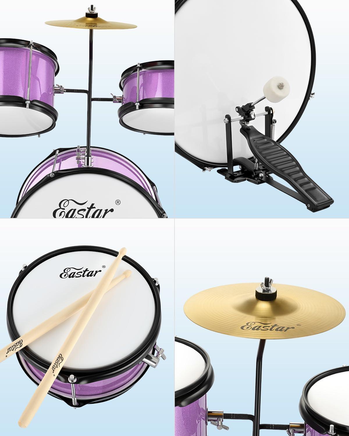 Eastar Drum Set 14 inch for Beginners,3 Piece Junior Drum Kit with Bass Tom Snare Drum,Adjustable Throne, Cymbal, Pedal & Two Pairs of Drumsticks, Metallic Purple