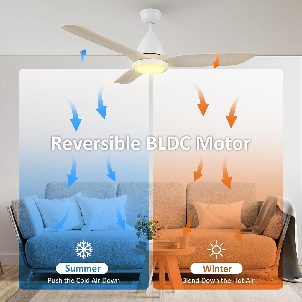 SMAAIR 52 inch Ceiling Fans with Lights and Remote, Solid Wood 6-inch Downrod Mounted, Dimmable LED Light Tri-Color Temperature, DC Reversible Motor, App Control and Voice Control (52inch, White)