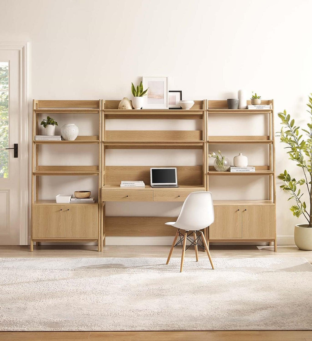 Modway 3-Piece Home Office Desk and Bookshelf Display Case in Oak