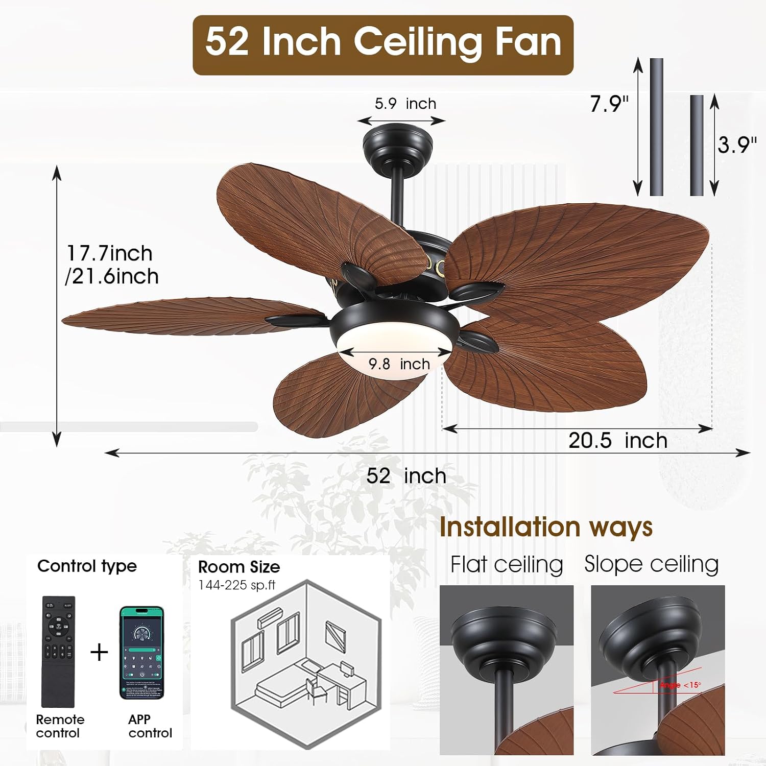 Wiviniya 52 Inch Tropical Ceiling Fans with Lights, Palm Leaf Outdoor Ceiling Fan with Light for Patios Porch Bedroom, Remote/APP Control, Reversible Quiet DC Motor, Dimmable LED, Brown