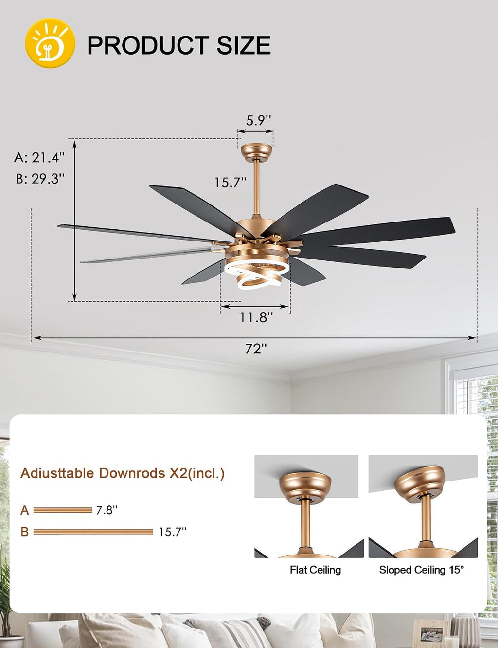 Dawn Whisper Gold Ceiling Fans with Lights and Remote 72 Inch Large Modern Chandelier Fan Living Room Ceiling Fan 6 Speed Reversible DC Motor Dual Finish Enegery Efficient