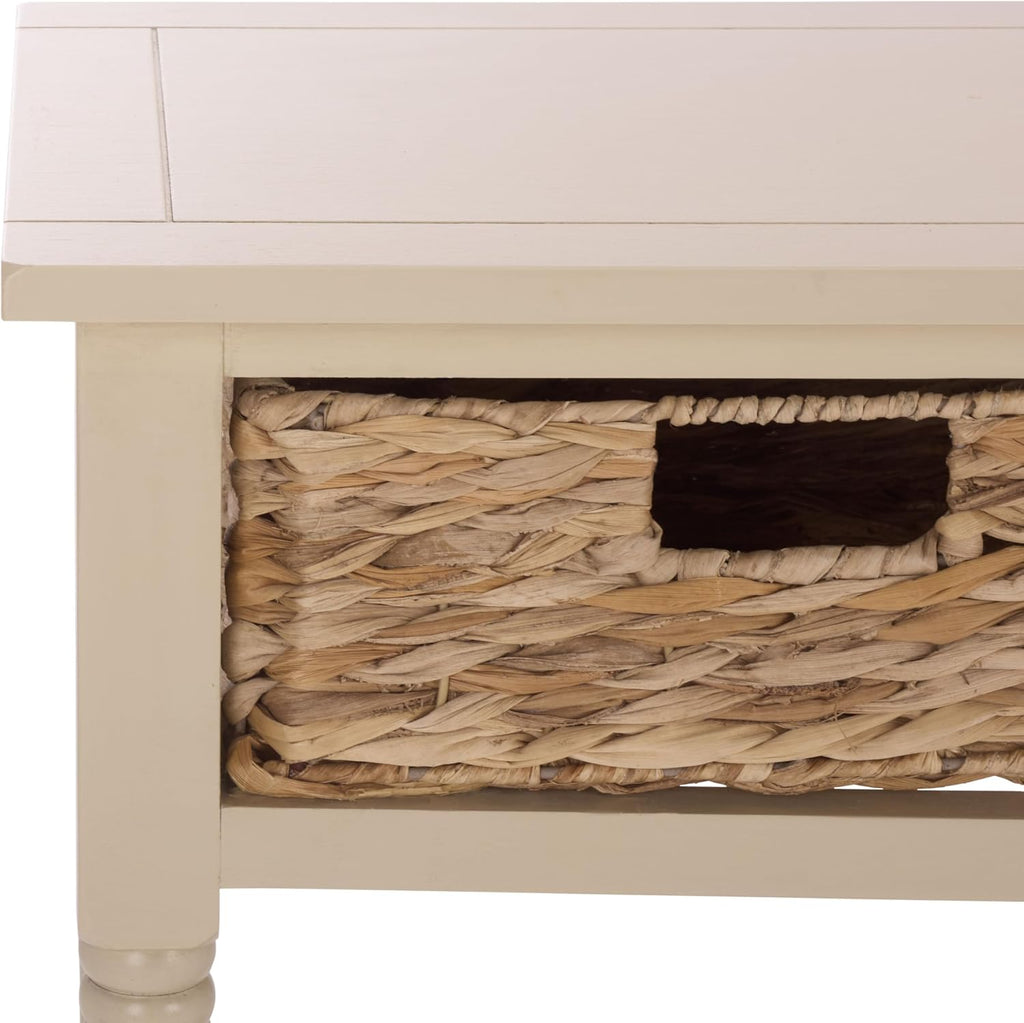SAFAVIEH Home Collection - Christa Entryway Console Table, Sand Solid Wood 3-Drawer Storage Sofa Table with Rattan Baskets (AMH5737G)
