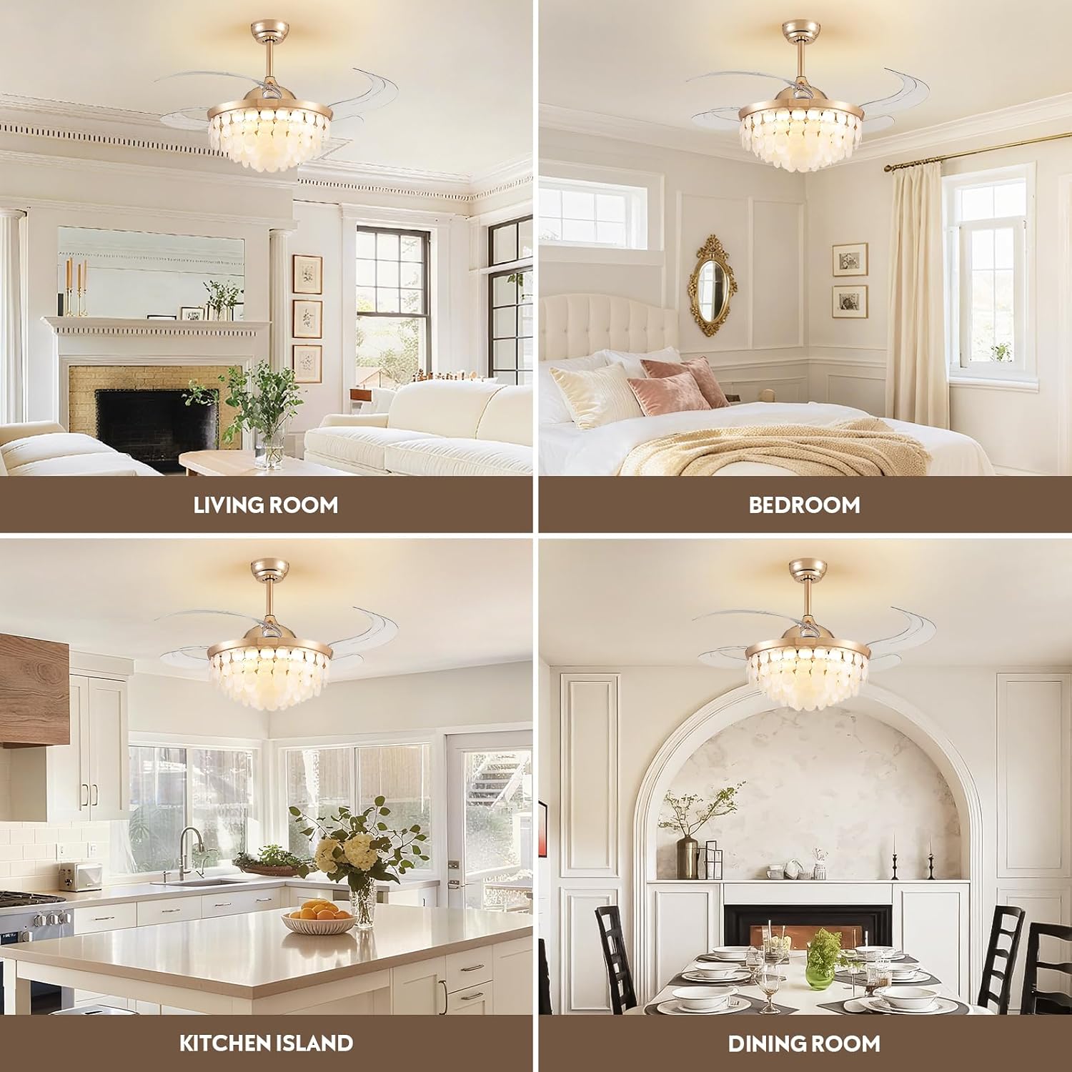 48'' Boho Fandelier Ceiling Fan with Light, Capiz Shell Retractable Ceiling Fan Lights with APP/Remote, Dimmable Coastal Invisible Chandelier Fan with 6 Speeds Wind, Timer for Bedroom Living Room-Gold