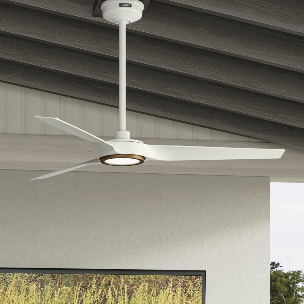 Hunter Fan Outdoor or Indoor Ceiling Fan, 52 in White Ceiling Fan with Light and Remote for Patios, Living Room, Bedroom, Porch, Garage, 3 Blades (Renewed)