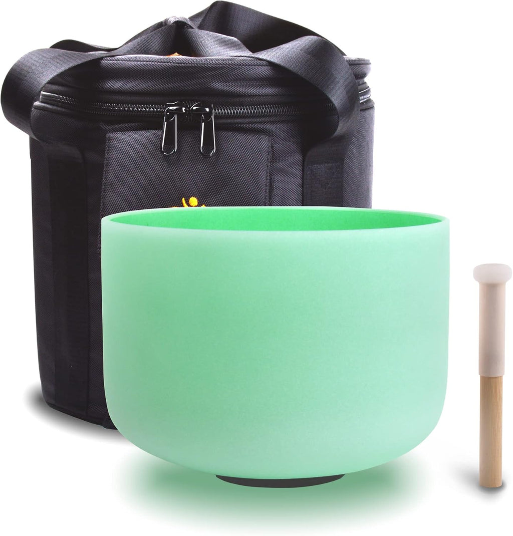 FMTY 10inch Green F Note Crystal Singing Bowl Heart Chakra with soft carrying case and Singing Mindfulness, Yoga, Spiritual and Body Healing and Energy Cleansing