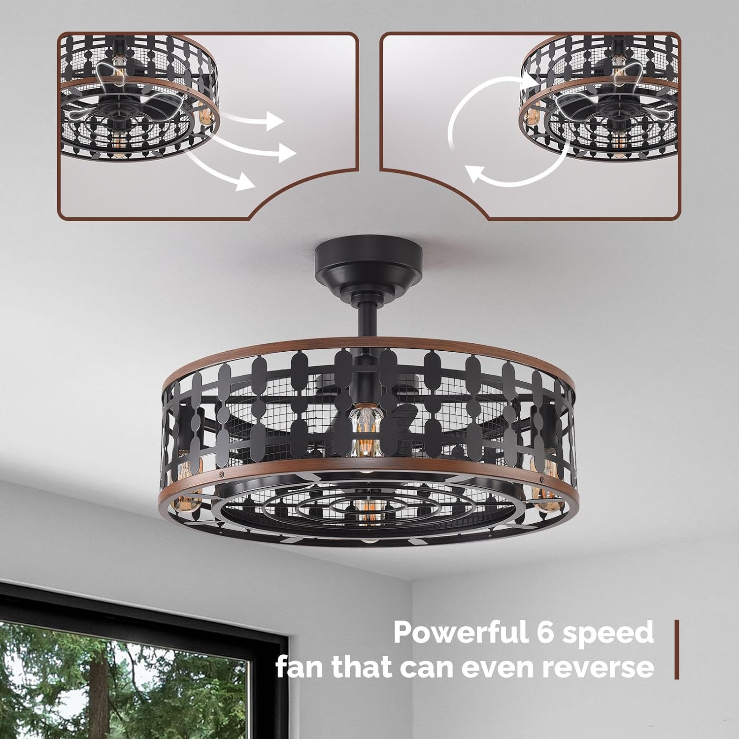 Orison 21.5'' Caged Ceiling Fan with Light, Low Profile Ceiling Fan with Light and Remote (395-Black)