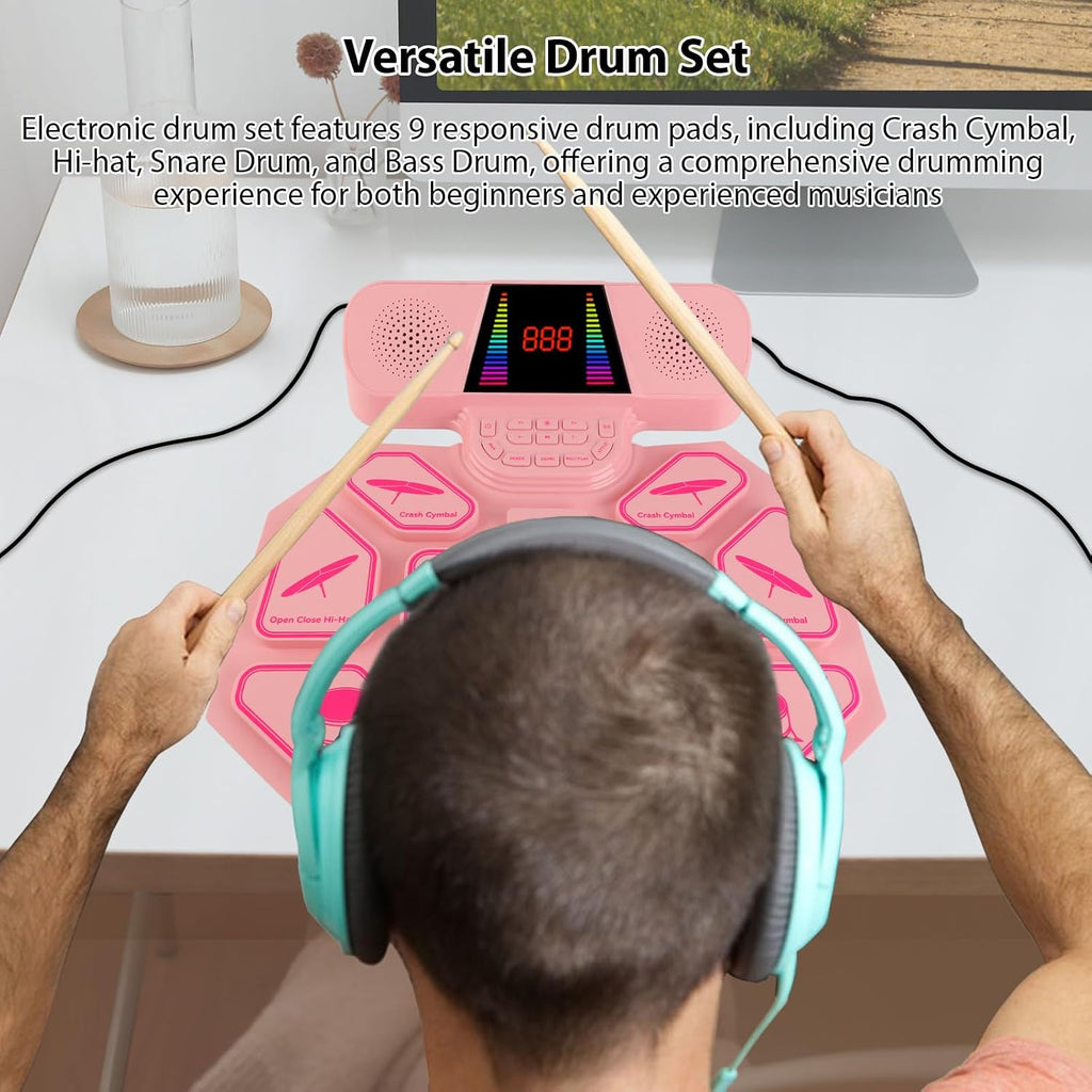 Eujgoov DM300 Dual Speaker Color Electronic Drums Extra Thick Percussion Pad Silicone Hand Rolled Electronic Drums 9 DrumPads with Mallet Foot Pedal MIDI Phantom Light Function (Pink)