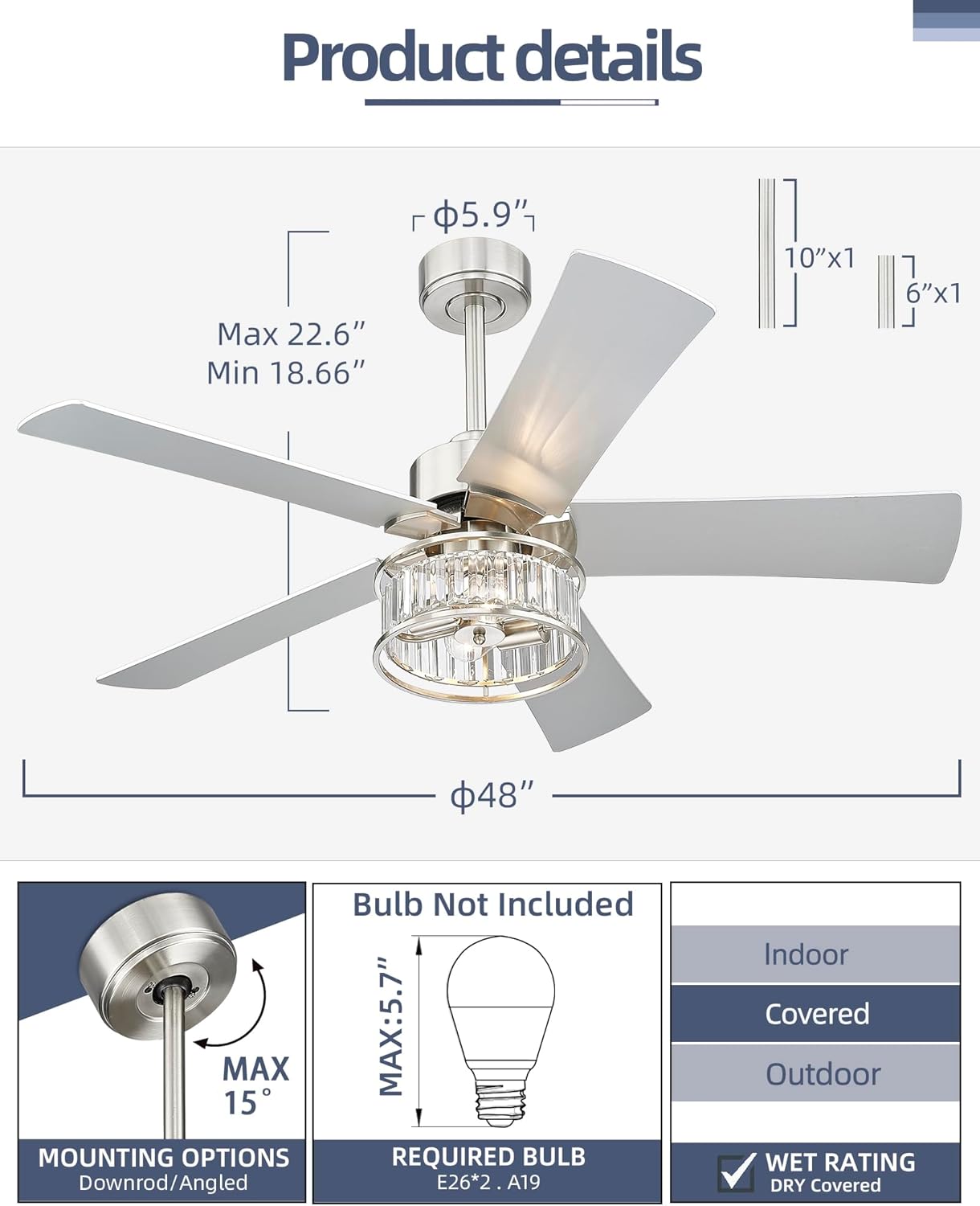 YOUKAIN 48 Inch Brushed Nickel Ceiling Fan with Lights and Remote, Modern Crystal Ceiling Fan, 5 Reversible Gray & Wood Blades, Quiet Indoor Ceiling Fan for Bedroom Living Room, 48-YJ632A-BN