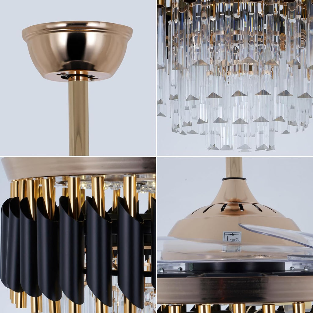 42' Crystal Chandelier Ceiling Fan and Remote, Gold Luxury Chandelier and Fan With 3 Colors 3 Speeds, Retractable Fandelier Ceiling Fan LED Light For Dinning Room Bedroom