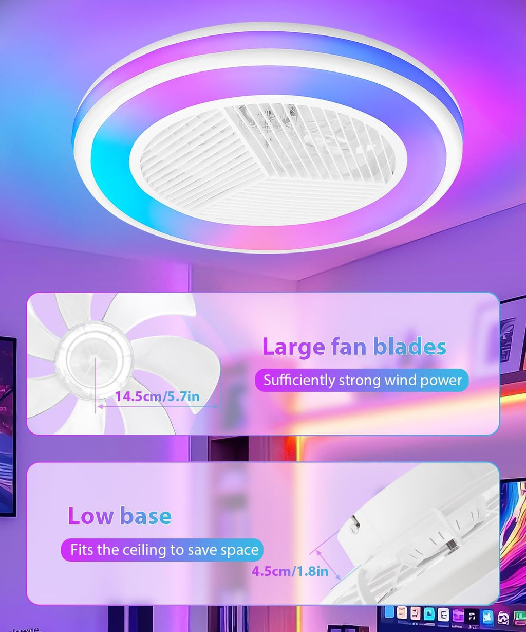 2-in-1 Low Profile Ceiling Fan with Light, 20.1' Caged Safety Design for Kids - RGB Color, Smart APP/Remote Control, Quiet Flush Mount DC Motor, Triangle, Ideal for Bedroom/Living Room/Kitchen, White