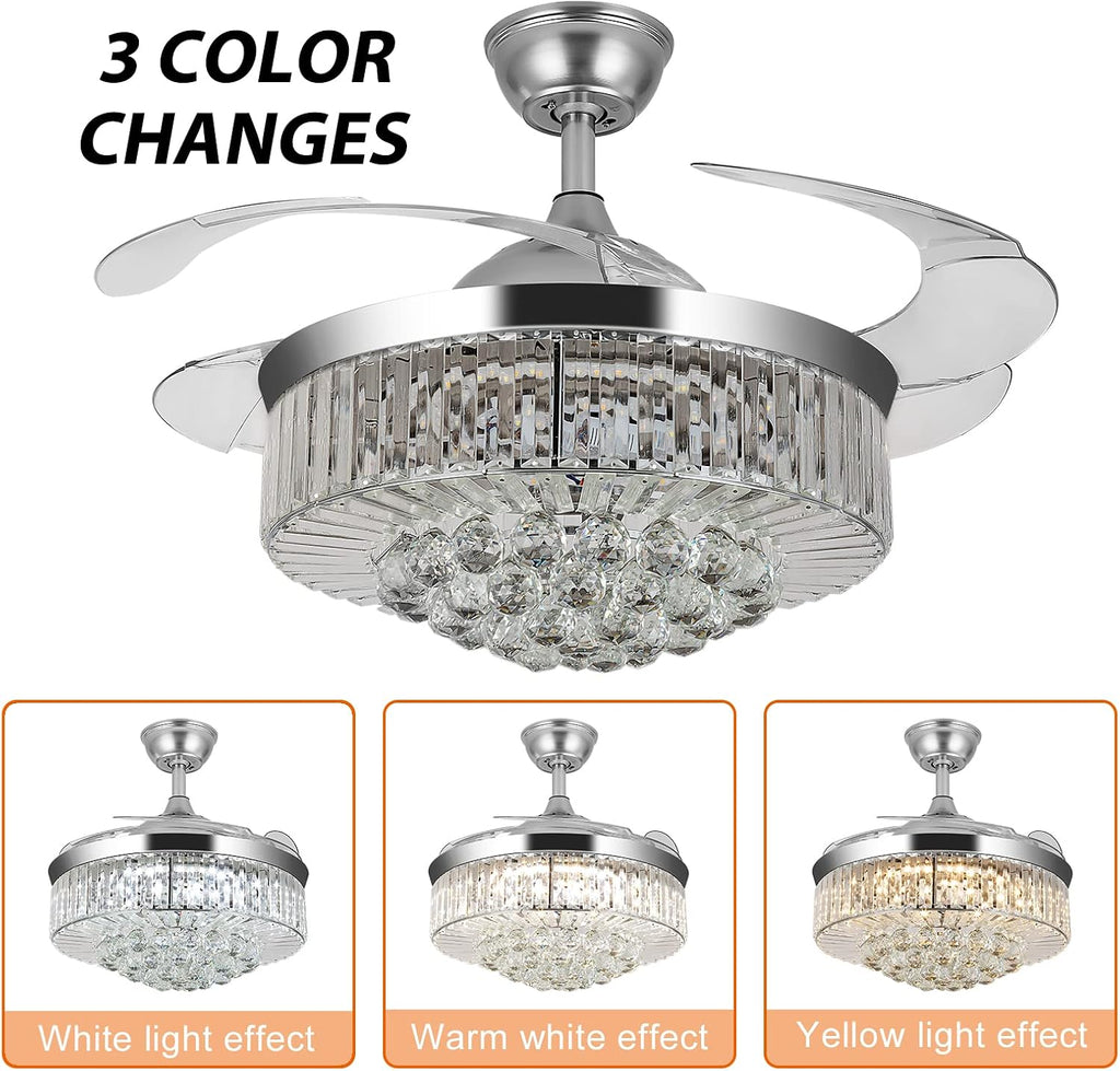 WWahuayuan 36' Chandelier Ceiling Fan Light, Modern Retractable Invisible Ceiling Fan Light Remote Control 4 Retractable ABS Blades for Bedroom Living Room Dining Room Decoration