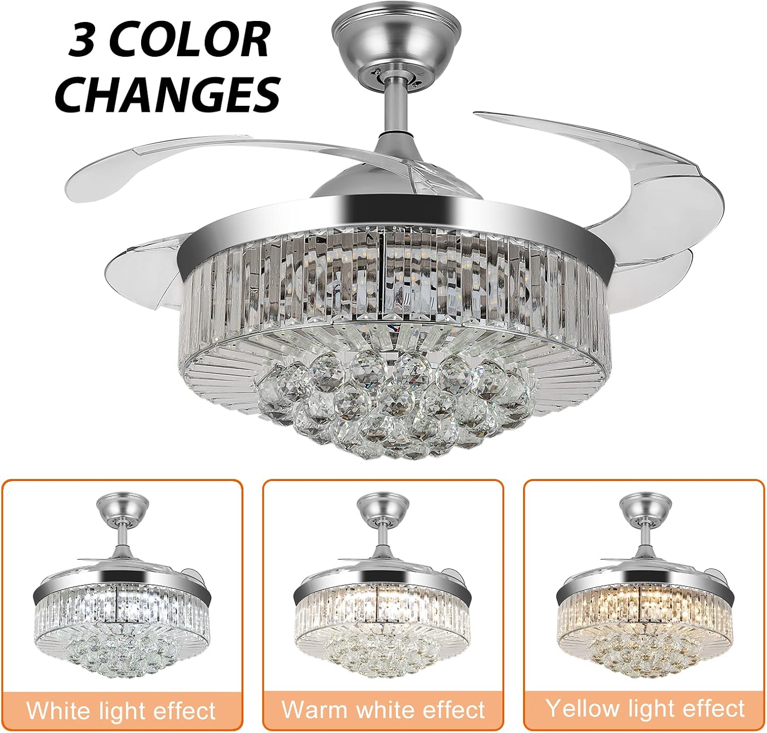 WWahuayuan 36' Chandelier Ceiling Fan Light, Modern Retractable Invisible Ceiling Fan Light Remote Control 4 Retractable ABS Blades for Bedroom Living Room Dining Room Decoration