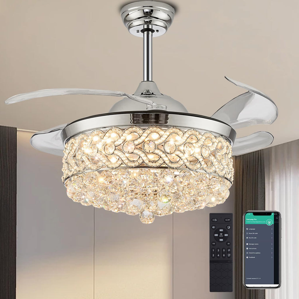DuMaiWay 48' Dimmable Fandelier Crystal Ceiling Fans with Lights,Invisible Retractable Blades Chandelier Fan Silent Motor Ceiling Fans for Bedroom Living Dining Silver Polished