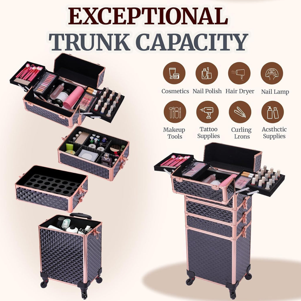 TOPACK Professional 4-In-1 Rolling Makeup Train Case, Large Makeup Travel Case with Key Shoulder Strap/Handle Cushion I Makeup Train Case I Makeup Nail Cart I Cosmetology Case on Wheels(Black Glod)