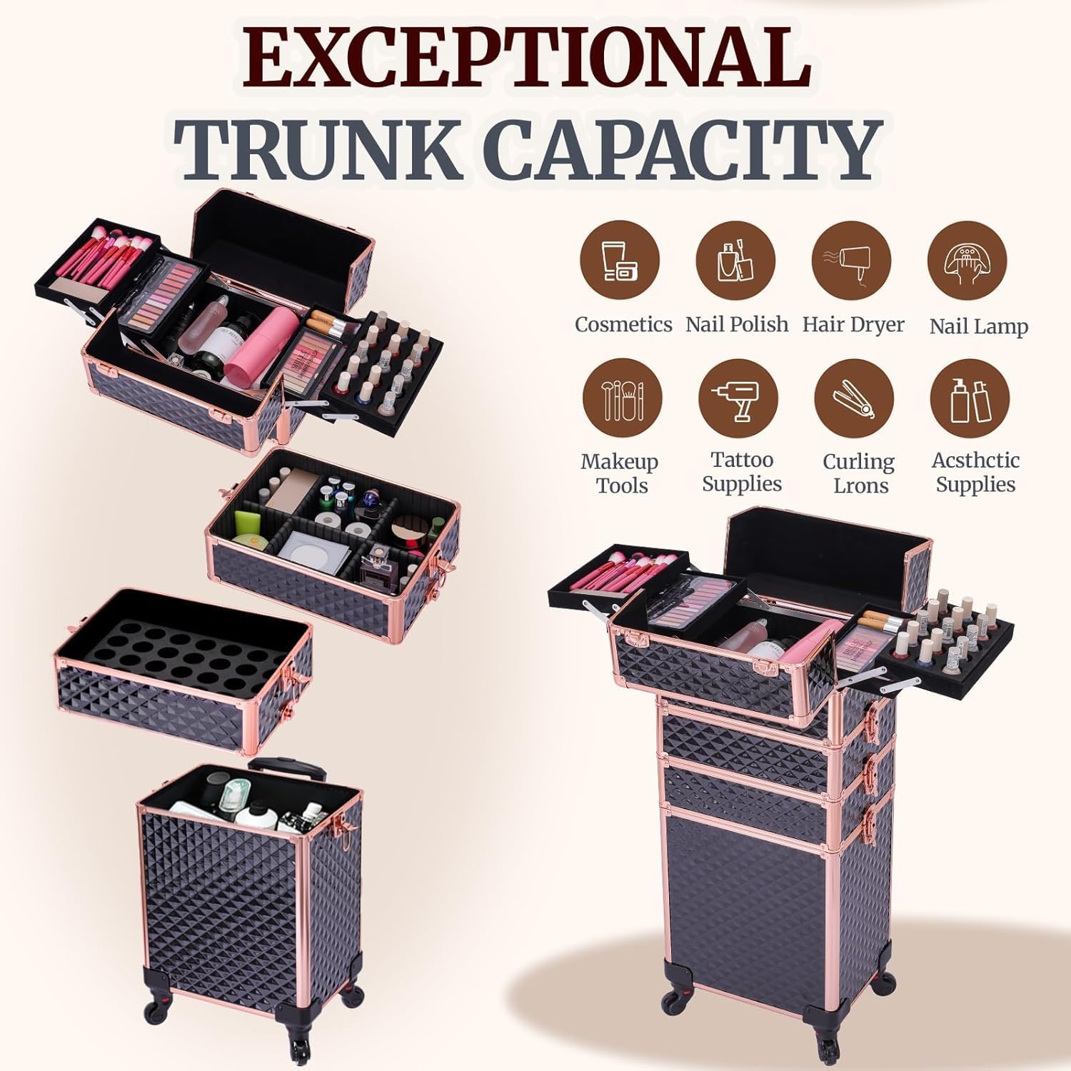 TOPACK Professional 4-In-1 Rolling Makeup Train Case, Large Makeup Travel Case with Key Shoulder Strap/Handle Cushion I Makeup Train Case I Makeup Nail Cart I Cosmetology Case on Wheels(Black Glod)