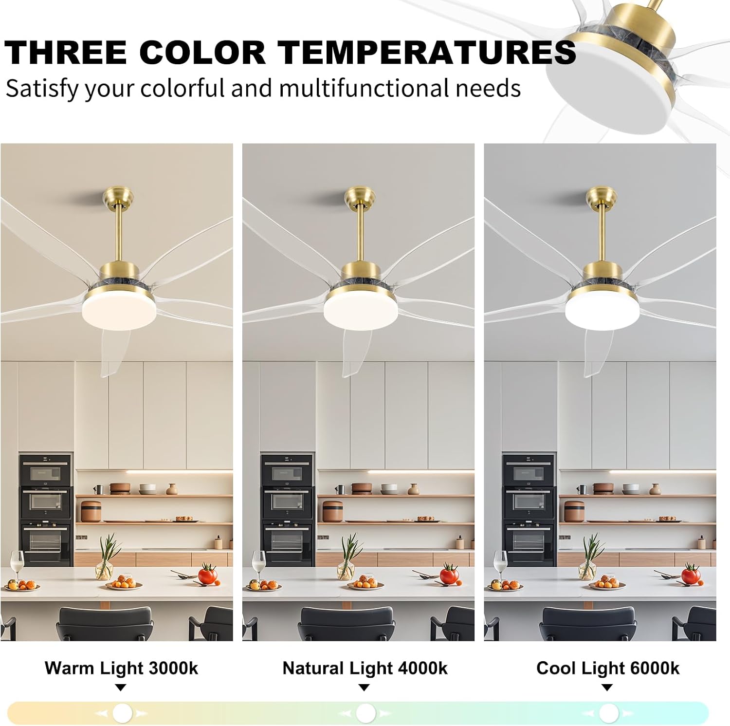 OKELI Clear Ceiling Fan with Light, 58 Inch Gold Transparent Ceiling Fans with Light and Remote 3 Reversible Blade LED Ceiling Fan and Light Combo for Living Room, Bedroom, Patio