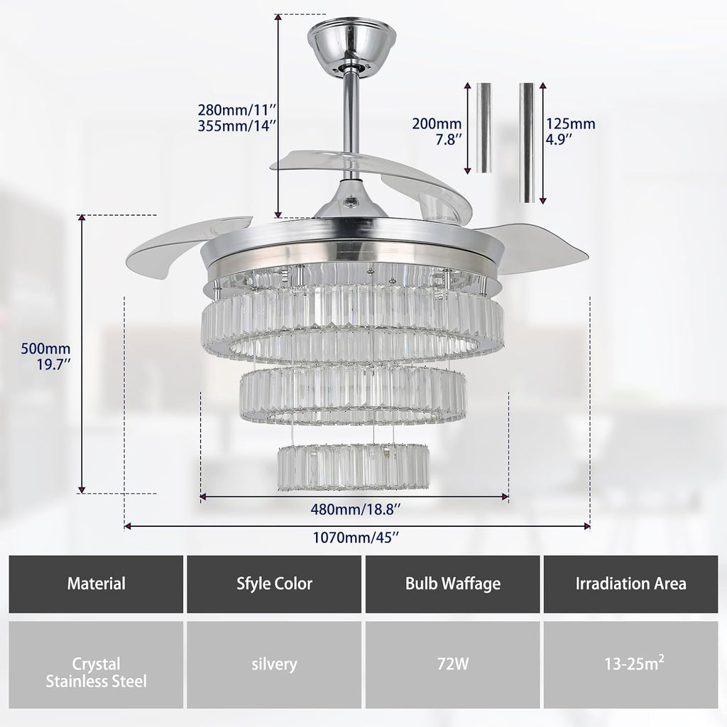 42'' Chrome Crystal Fandelier Ceiling Fan with Lights, Dimmable LED Chandelier Fan, Retractable Blades, Remote & APP Control, 6-Speed Reversible, Flush Mount for Bedroom Living Room Dining Room