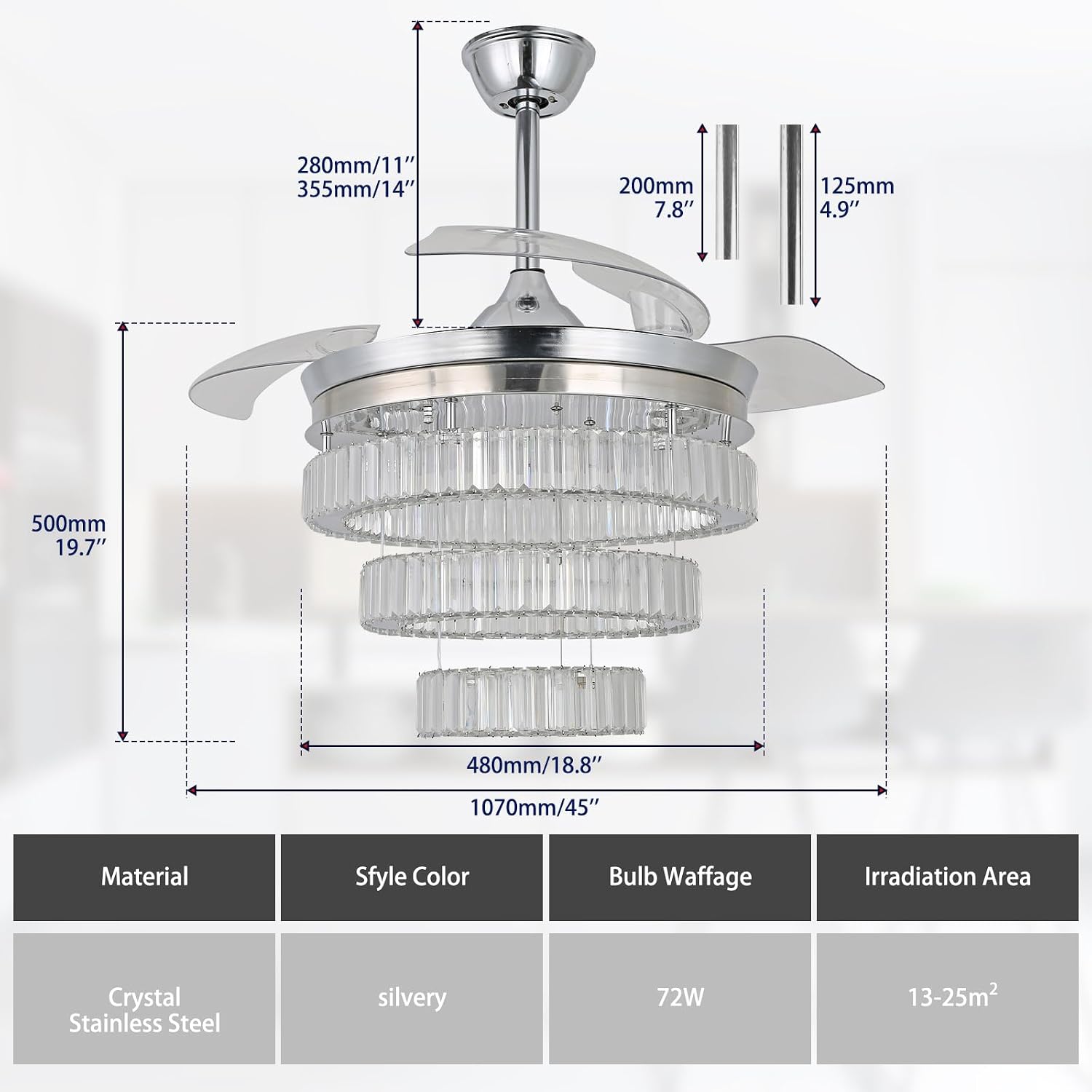 42'' Chrome Crystal Fandelier Ceiling Fan with Lights, Dimmable LED Chandelier Fan, Retractable Blades, Remote & APP Control, 6-Speed Reversible, Flush Mount for Bedroom Living Room Dining Room