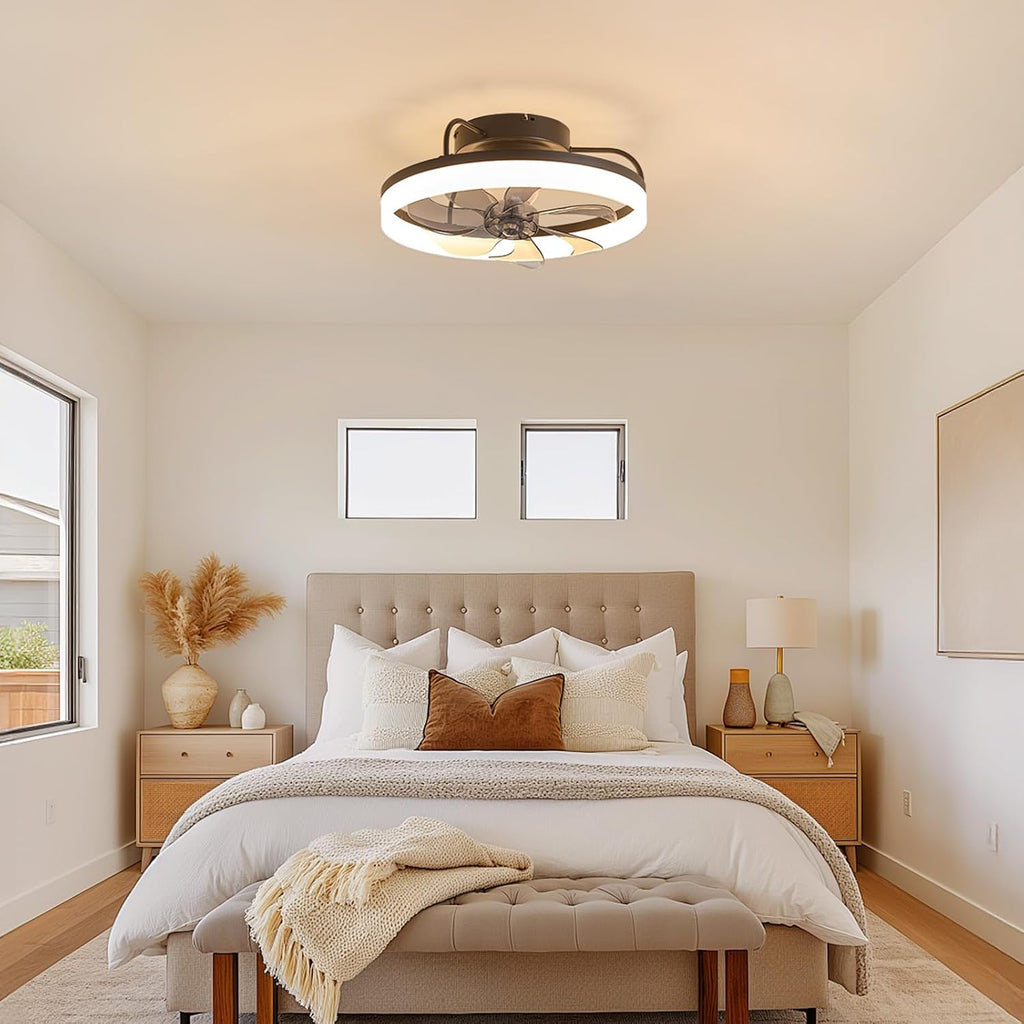 360° Rotating Ceiling Fan with Lights and Remote, 19.7' Low Profile Ceiling Fans 6 Wind Speeds, Modern Smart Dimmable LED Fandelier for Bedroom, Kids Room