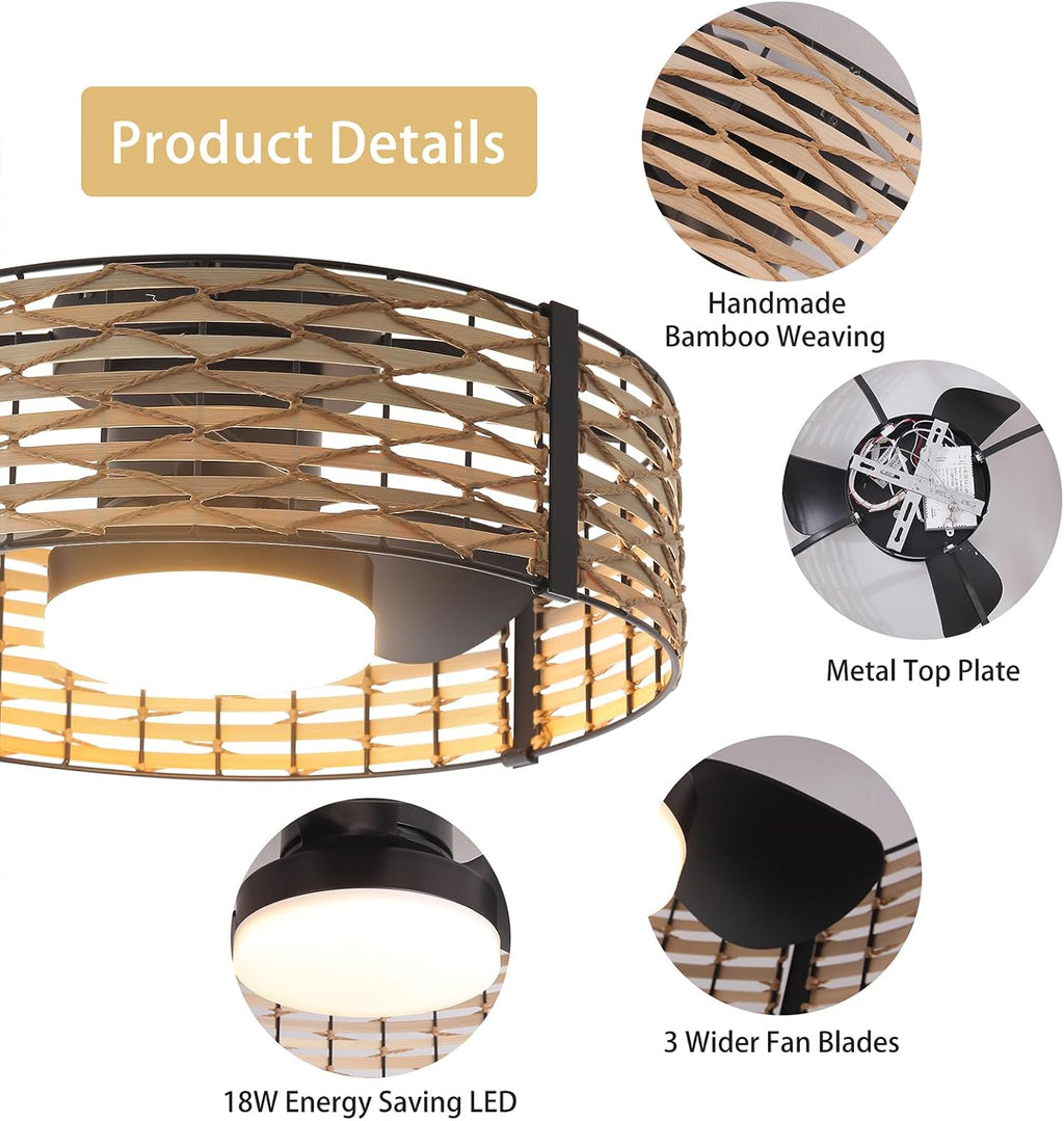 Ganeed 18W LED 20 Inch Dimmable Bamboo Rattan Fandelier, Boho Caged Ceiling Fan with Light and Remote, 6 Speed/Reversible Motor/RGB LED Small Ceiling Fan for Bedroom Living Room Kitchen Nursery