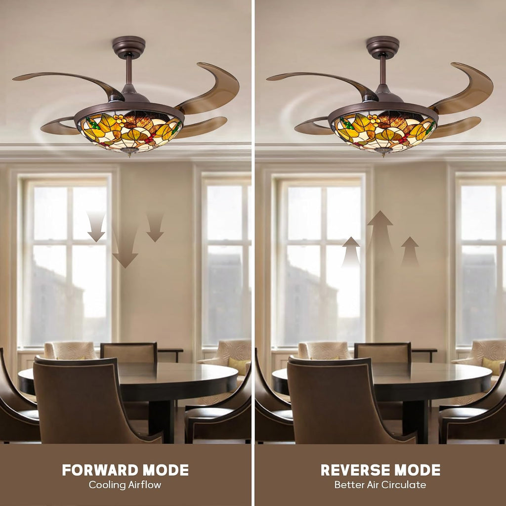 48' Tiffany Ceiling Fan with Light Colorful Fandelier Vintage Chandelier Fan 48 Inch Stained Glass Ceiling Fan Retractable Blades Vintage Fandelier with Tiffany Light for Bedroom Living Room
