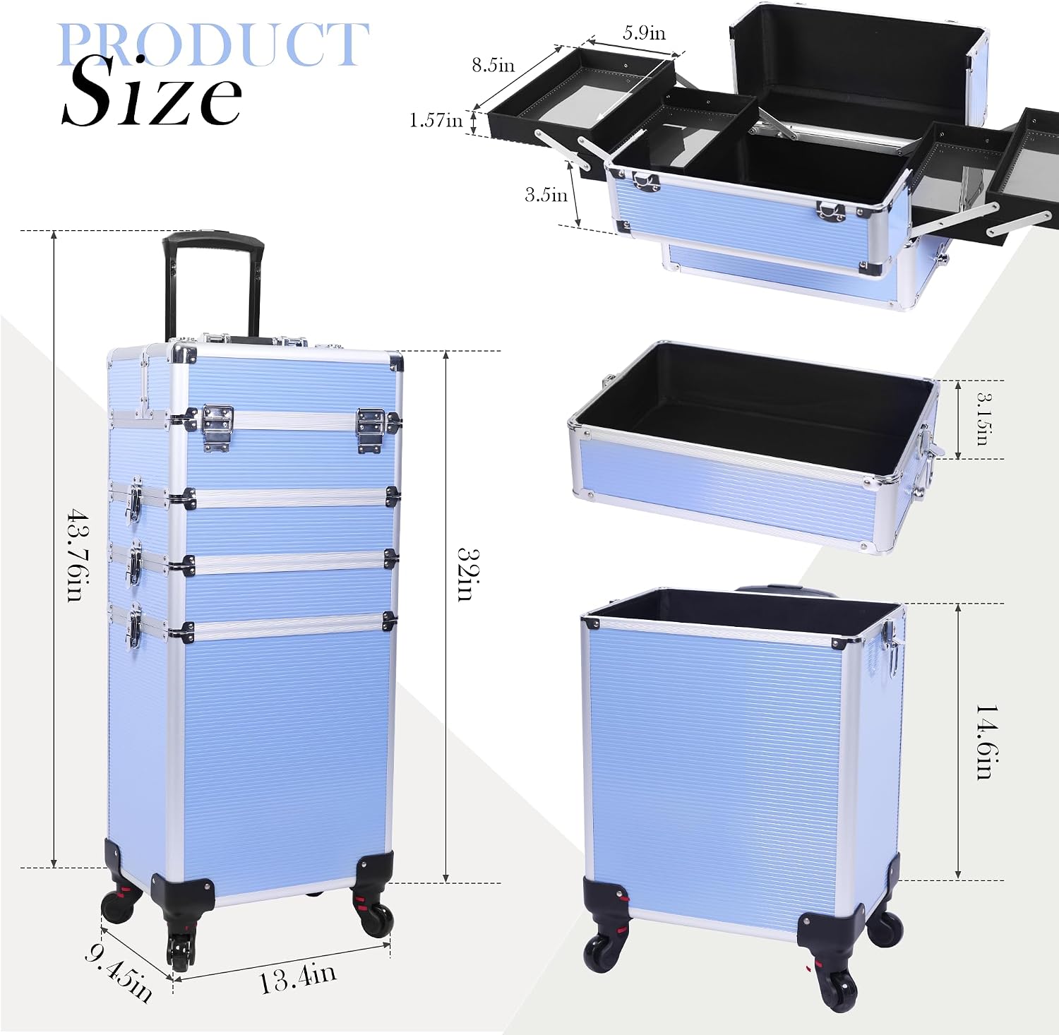 5-in-1 Rolling Makeup Train Case, Large Professional Cosmetic Trolley Organizer on Wheels with 360° Swivel Wheels, Lockable Black Aluminum Travel Case for Makeup Artists, Nail Techs & Hairstylists