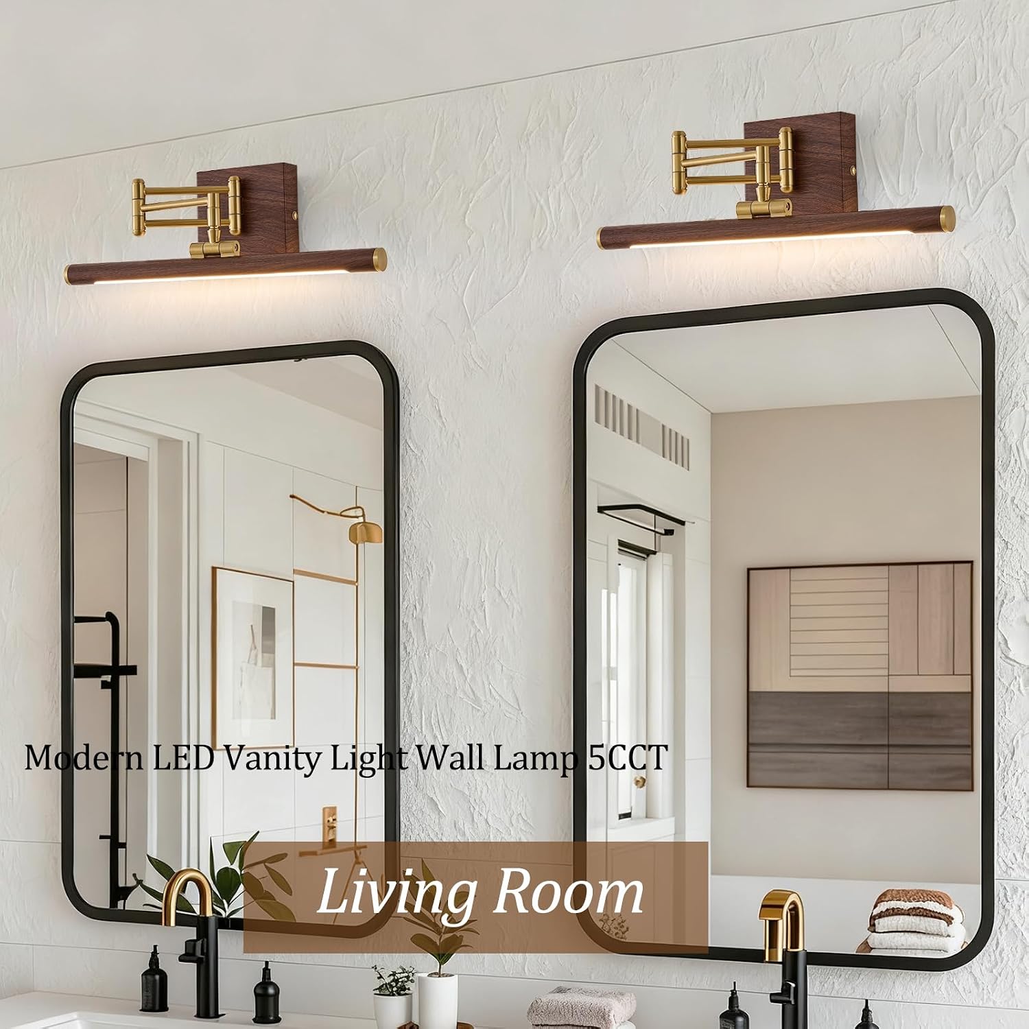 2 Pack Hardwired Dimmable LED Picture Light, Adjustable Swing Arm Wall Art Lamp, Brass Walnut Wood Finish Gallery Lighting for Painting Mirror Artwork Wall Decor