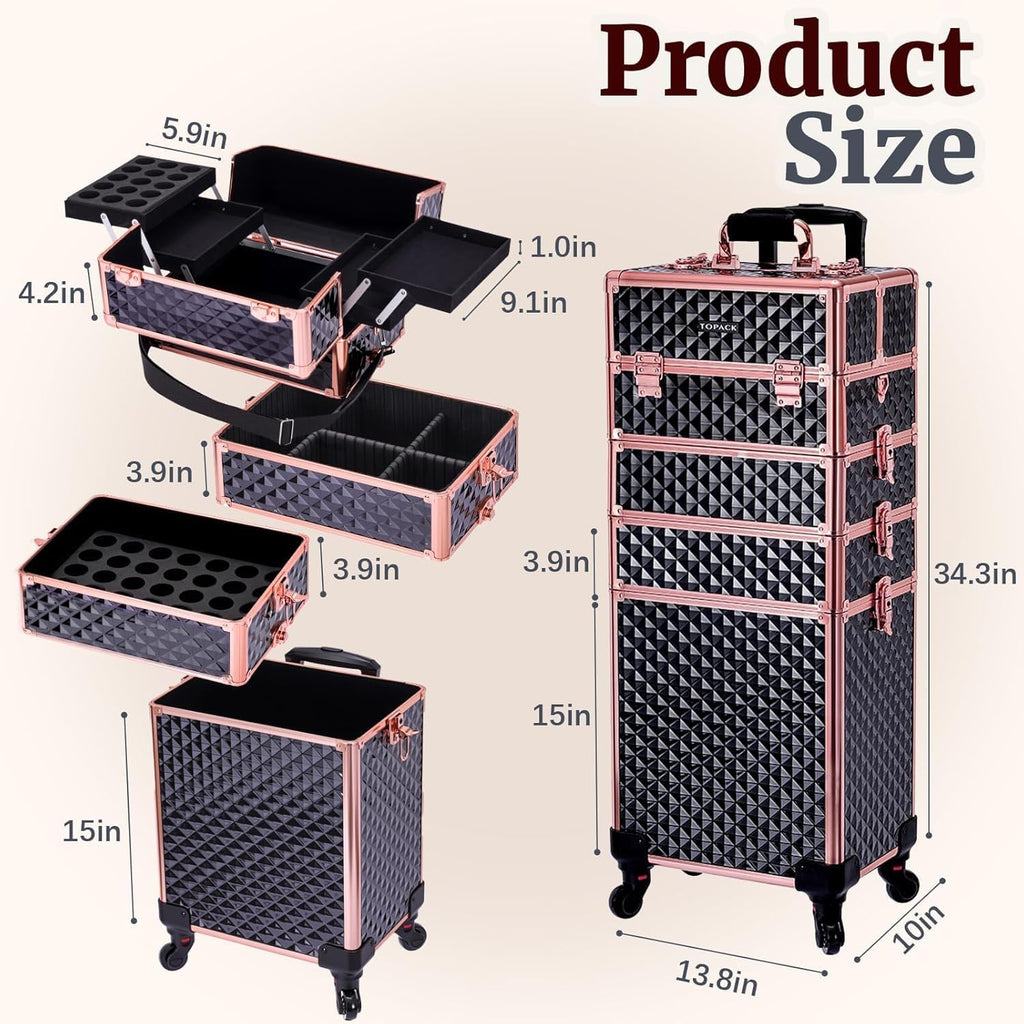 TOPACK Professional 4-In-1 Rolling Makeup Train Case, Large Makeup Travel Case with Key Shoulder Strap/Handle Cushion I Makeup Train Case I Makeup Nail Cart I Cosmetology Case on Wheels(Black Glod)