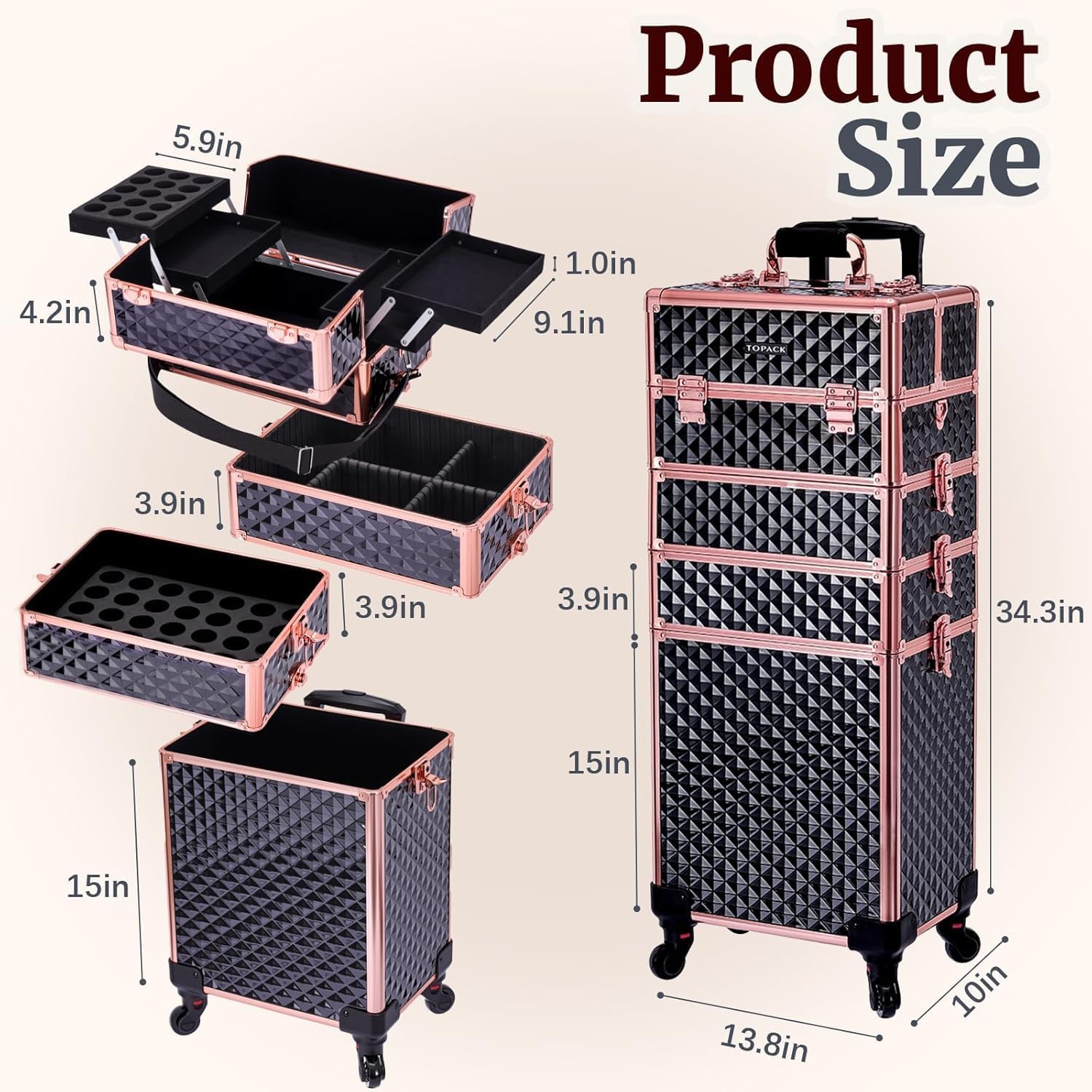 TOPACK Professional 4-In-1 Rolling Makeup Train Case, Large Makeup Travel Case with Key Shoulder Strap/Handle Cushion I Makeup Train Case I Makeup Nail Cart I Cosmetology Case on Wheels(Black Glod)