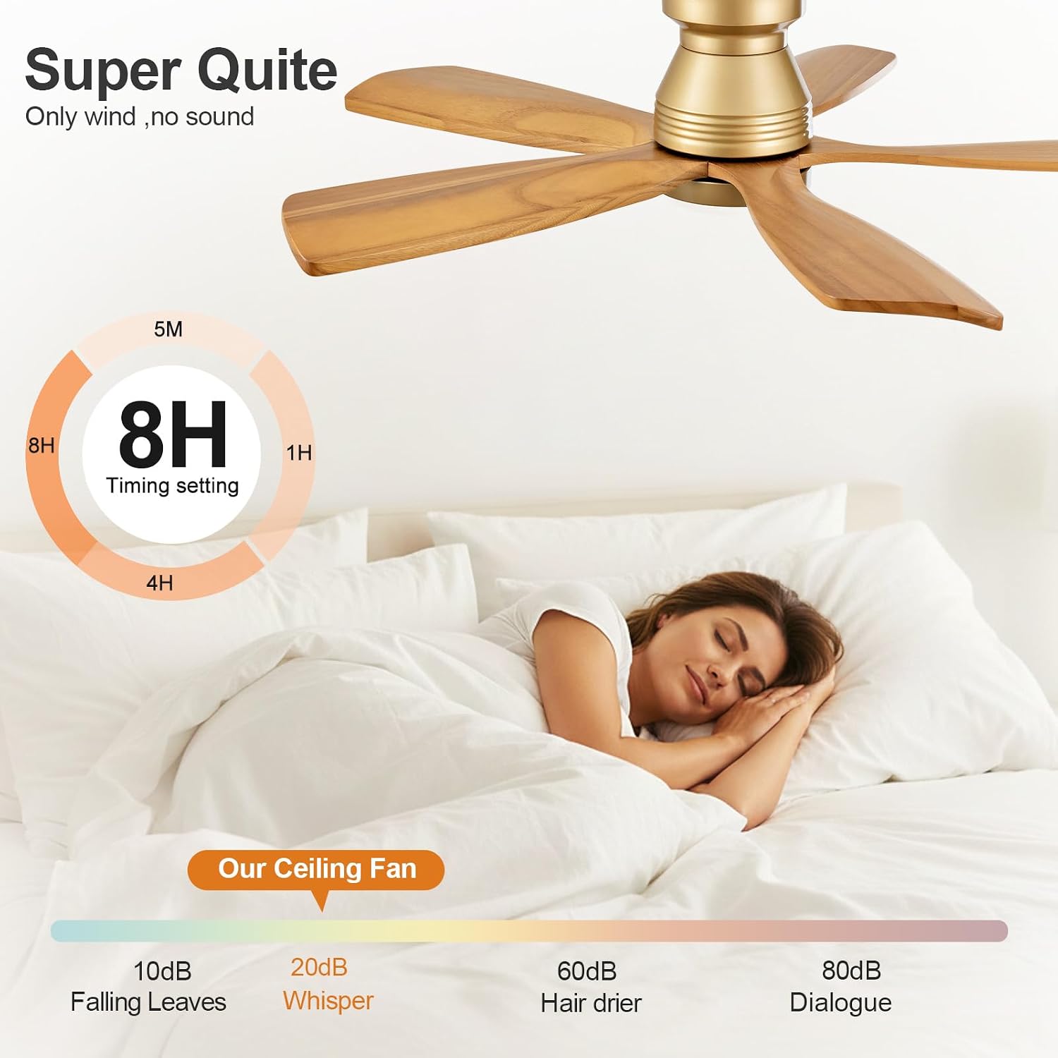 42 Inch Flush Mount Ceiling Fans with Lights and Remote, Dimmable, 5 Blades Wood Ceiling Fan with Light, Low Profile Outdoor Indoor Modern Ceiling Fan for Bedroom Patio (Gold)