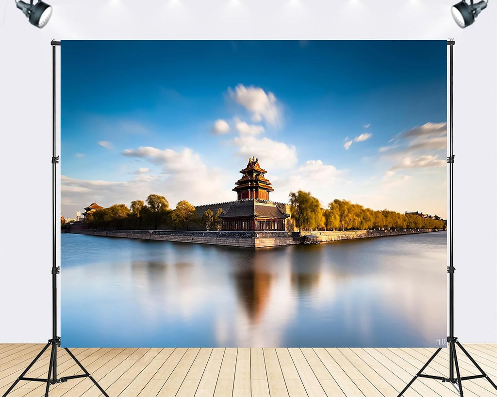 Trykid 20x10ft Ancient Corner Tower Backdrop Calm Moat Clear Blue Sky Golden Willow Trees Serene Historic View Photography Background for Wedding Party Event Decoration Photo Booth Prop Fabric