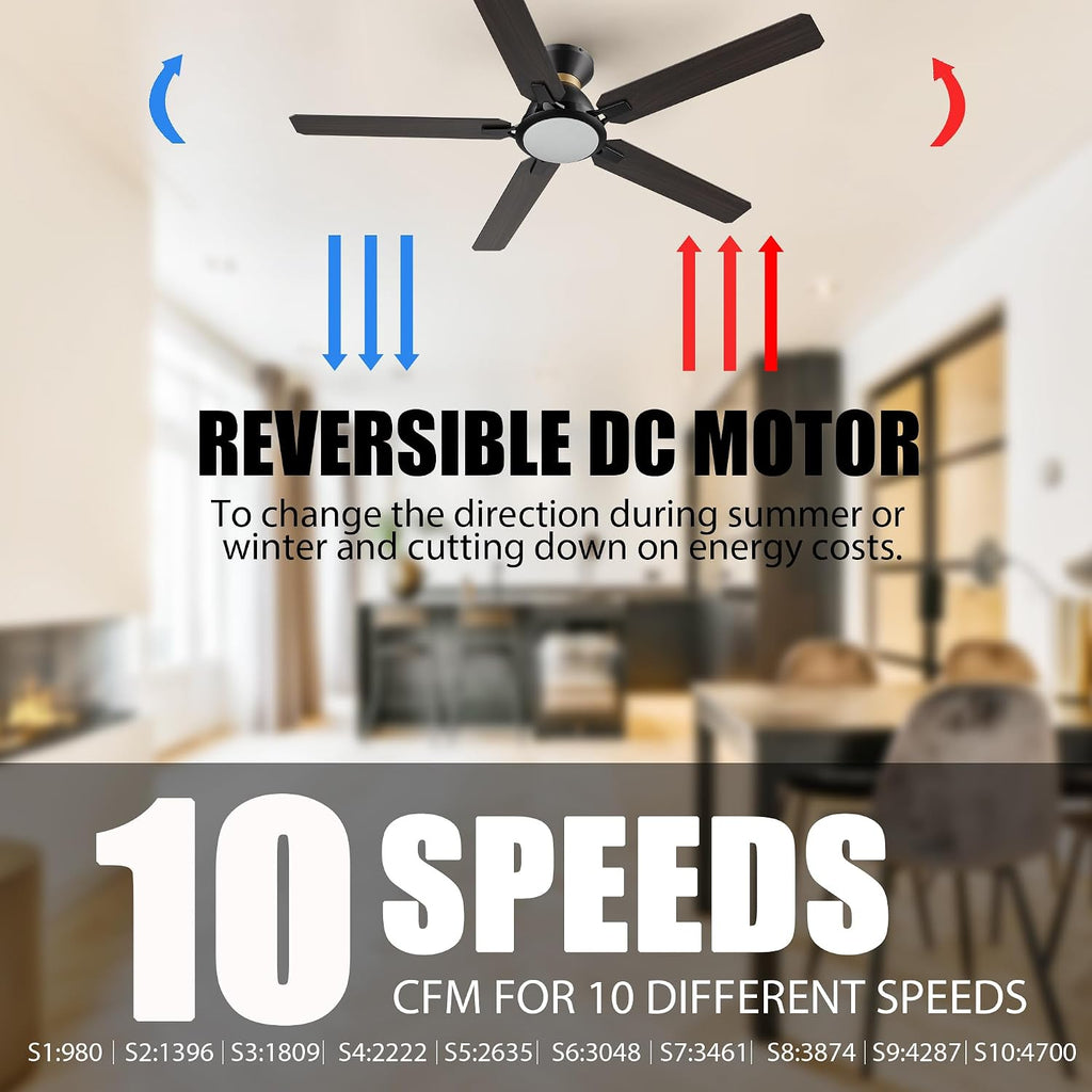 CEME 52 Inch Ceiling Fan With DC Motor, 10 Speeds, Dimmable LED Light, Smart Remote, APP, Alexa, Siri & Google Home, Dark Walnut Gold