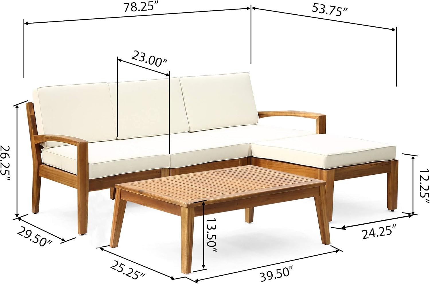 Christopher Knight Home Grenada Sectional Sofa Set | 5-Piece 3-Seater | Includes Coffee Table and Ottoman | Acacia Wood Frame | Water-Resistant Cushions | Teak and Beige, Finish