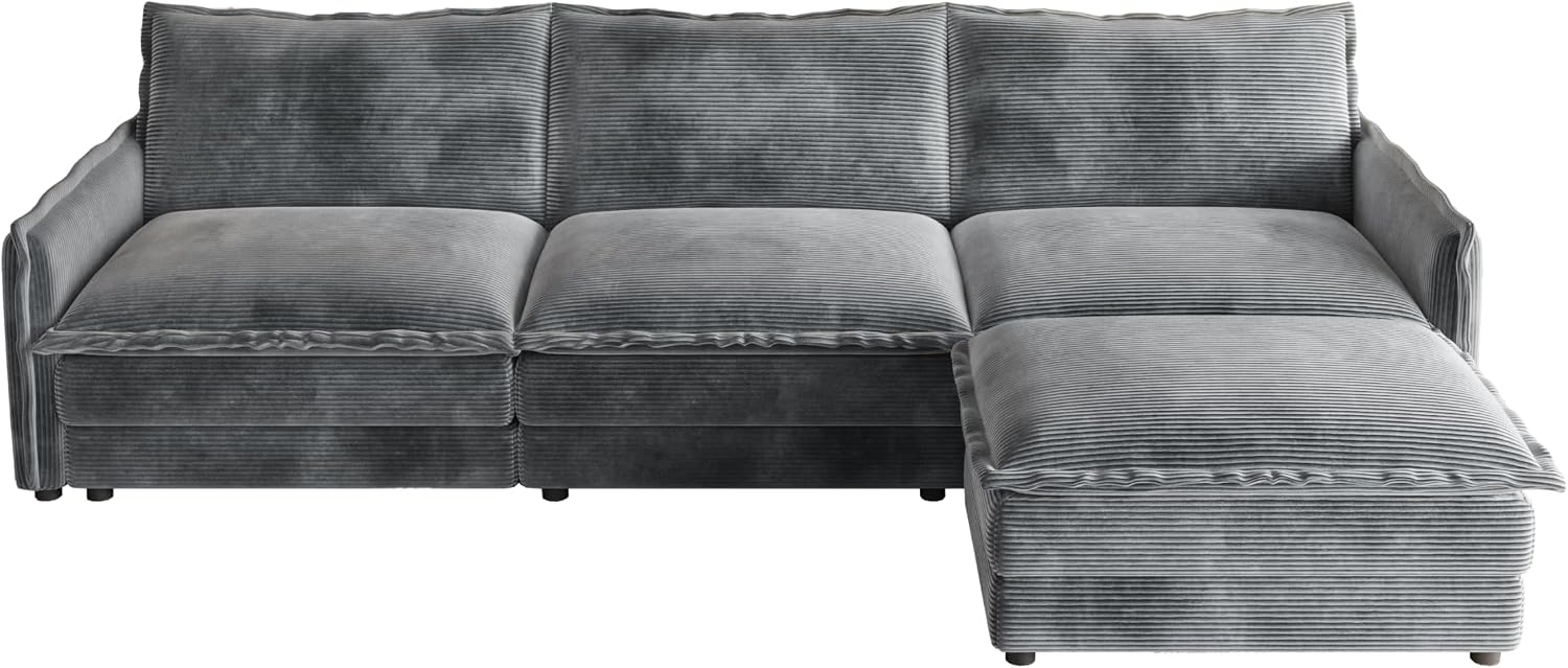 Gecheer Corduroy Fabric 3-Seater Couch with Movable Footrest, L-Shaped Sofa Set with 3 Cushions for Living Room, Bedroom, Terrace