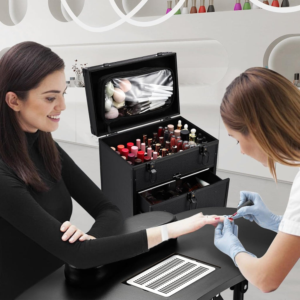 Faquenc Rolling Makeup Train Case With 2 Extra Large Drawers, Nail Organizer, Foldable Table With Electric Dust Collector, Manicure Desk for Mobile Stylists, Artist Salon Cart Trunk - Black