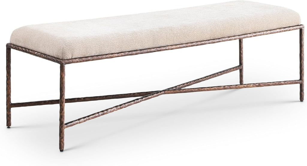 Meridian Furniture 22066Beige Valley Collection Modern | Contemporary Bench with Soft Beige Chenille Fabric, Brushed Bronze Forged Iron Metal Legs and Frame, 54' W x 18' D x 18' H, Beige