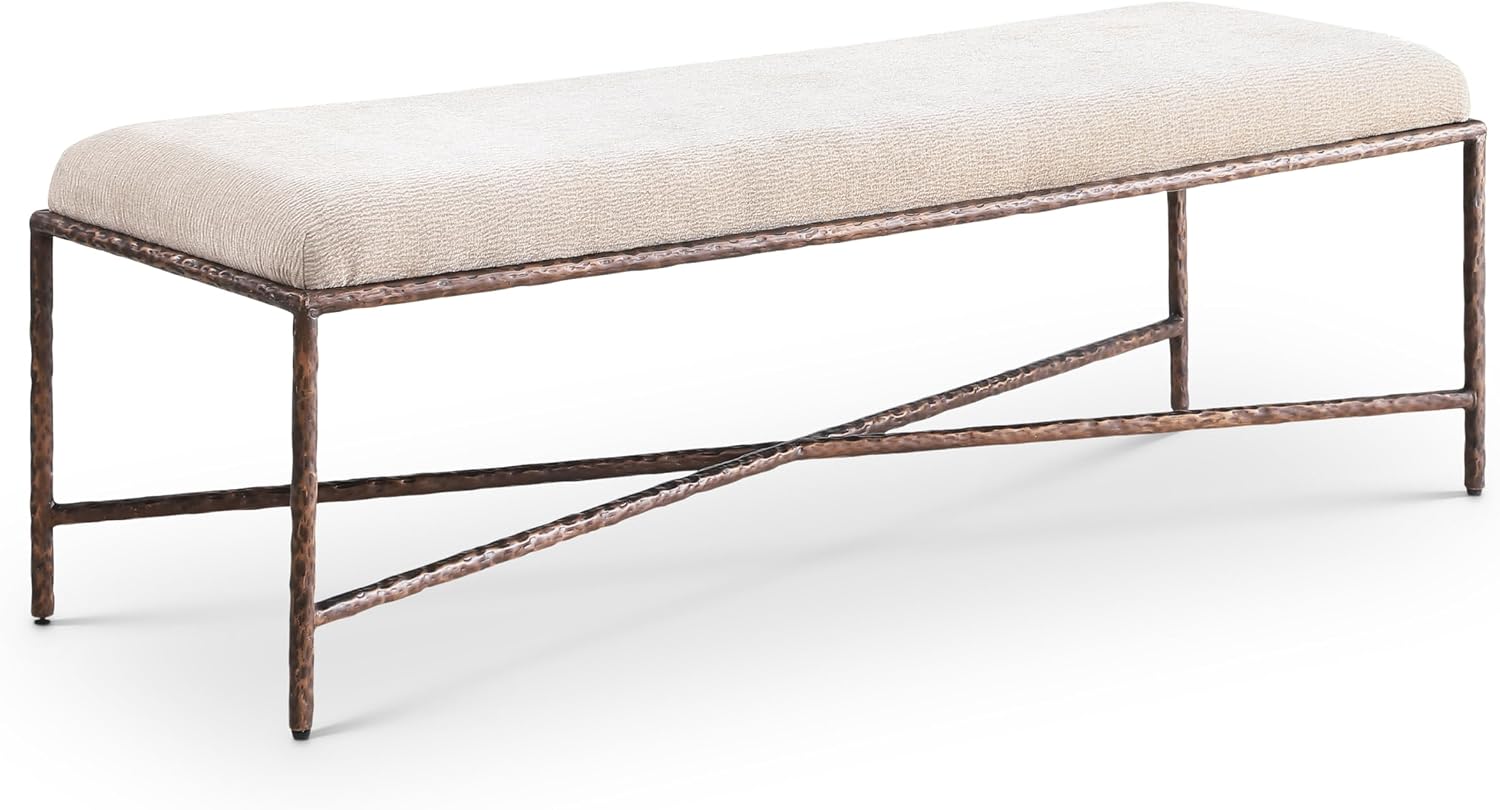 Meridian Furniture 22066Beige Valley Collection Modern | Contemporary Bench with Soft Beige Chenille Fabric, Brushed Bronze Forged Iron Metal Legs and Frame, 54' W x 18' D x 18' H, Beige