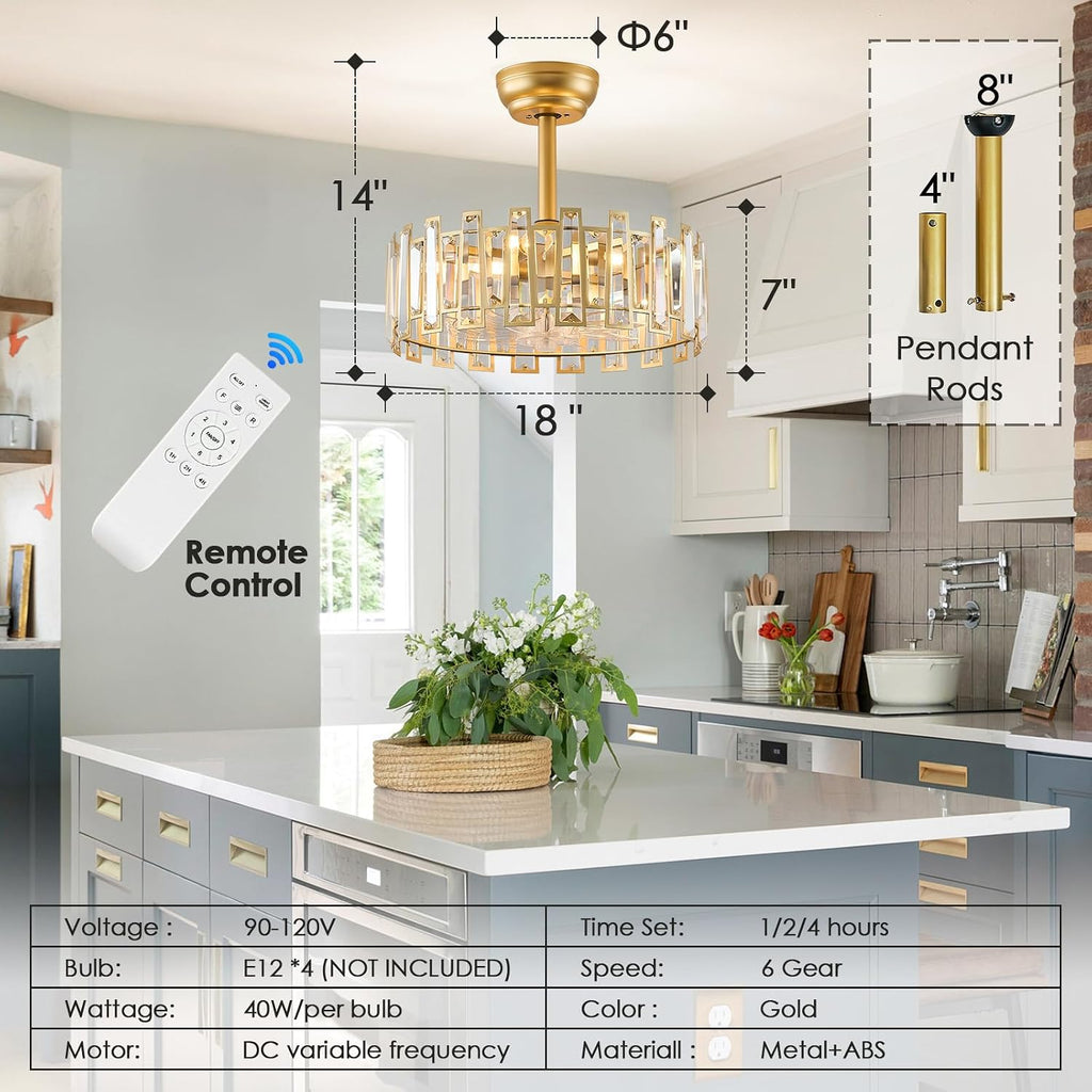 Gold Caged Ceiling Fans with Light, Brass Ceiling Fan Light with Remote Control Modern Crystal Chandelier with Fan 18' Semi-Flush Mount Fandeliers for Bedroom Dining Room Living Room Kitchen