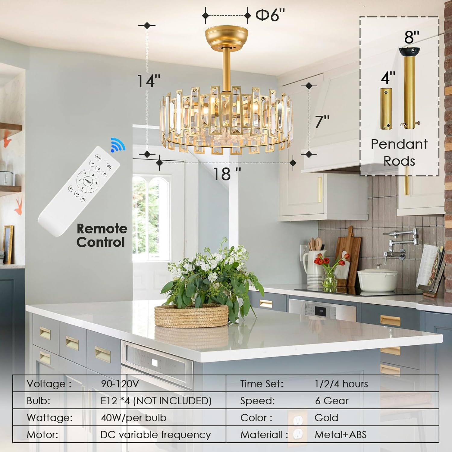 Gold Caged Ceiling Fans with Light, Brass Ceiling Fan Light with Remote Control Modern Crystal Chandelier with Fan 18' Semi-Flush Mount Fandeliers for Bedroom Dining Room Living Room Kitchen